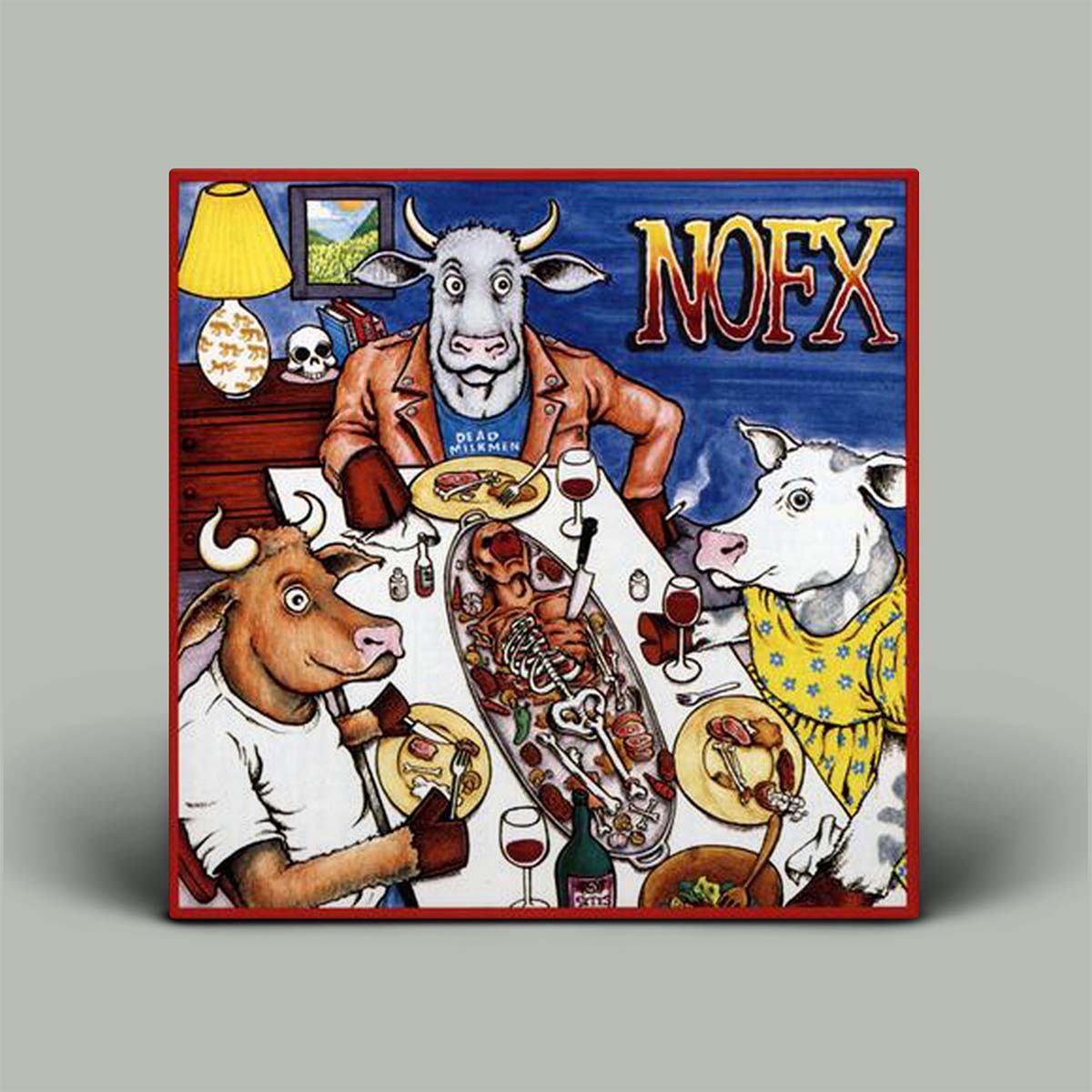Album cover featuring a colorful cartoon dinner scene with three cow-like animals seated around a table. The title 'NOFX' appears in large stylized letters at the top right.