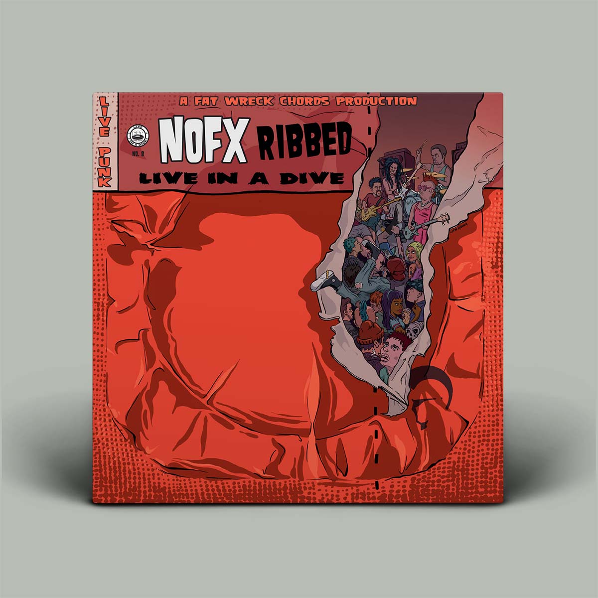 Vinyl record cover for NOFX 'Ribbed Live in a Dive' with red and orange design