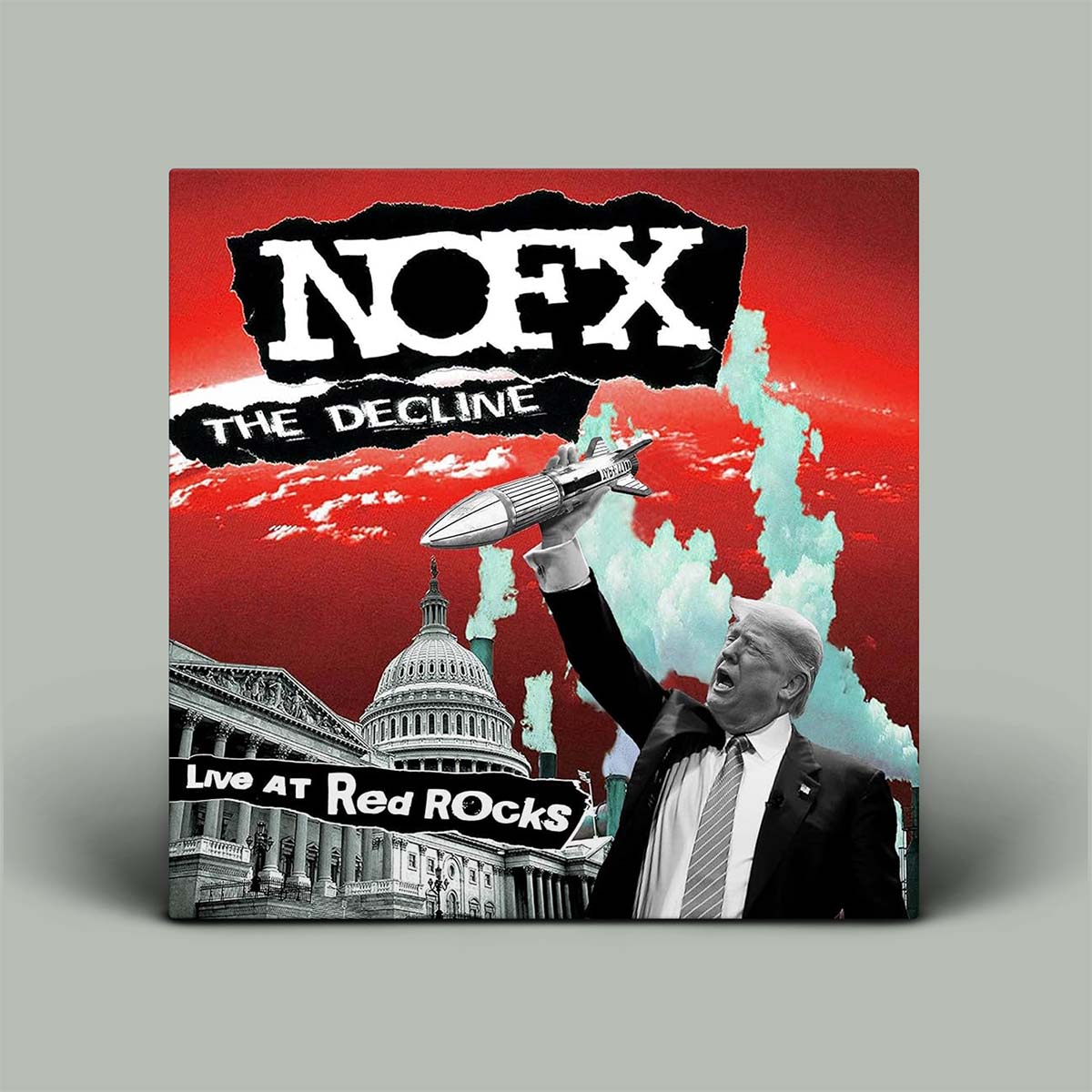 Album cover for NOFX's 'The Decline' with a red background, airplane, and building.