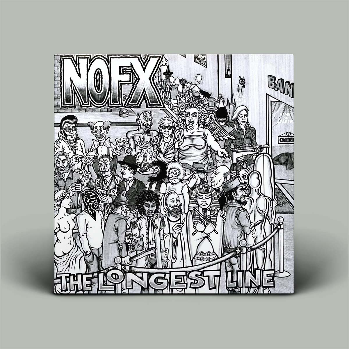 Album cover for NOFX's 'The Longest Line' with black and white illustrations on a gray background.