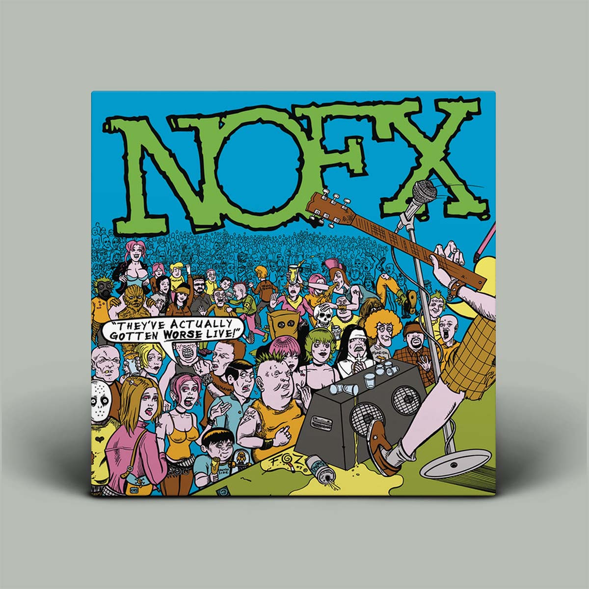 Album cover for NOFX with a colorful illustration of people and a guitar.