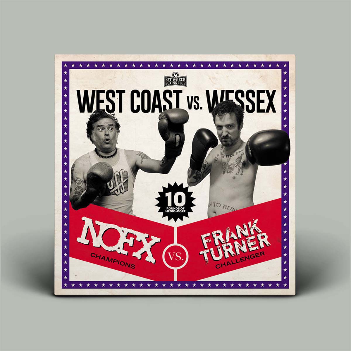 Album cover with boxing theme featuring two boxers and text about a match between 'NOFX' and 'Frank Turner'.
