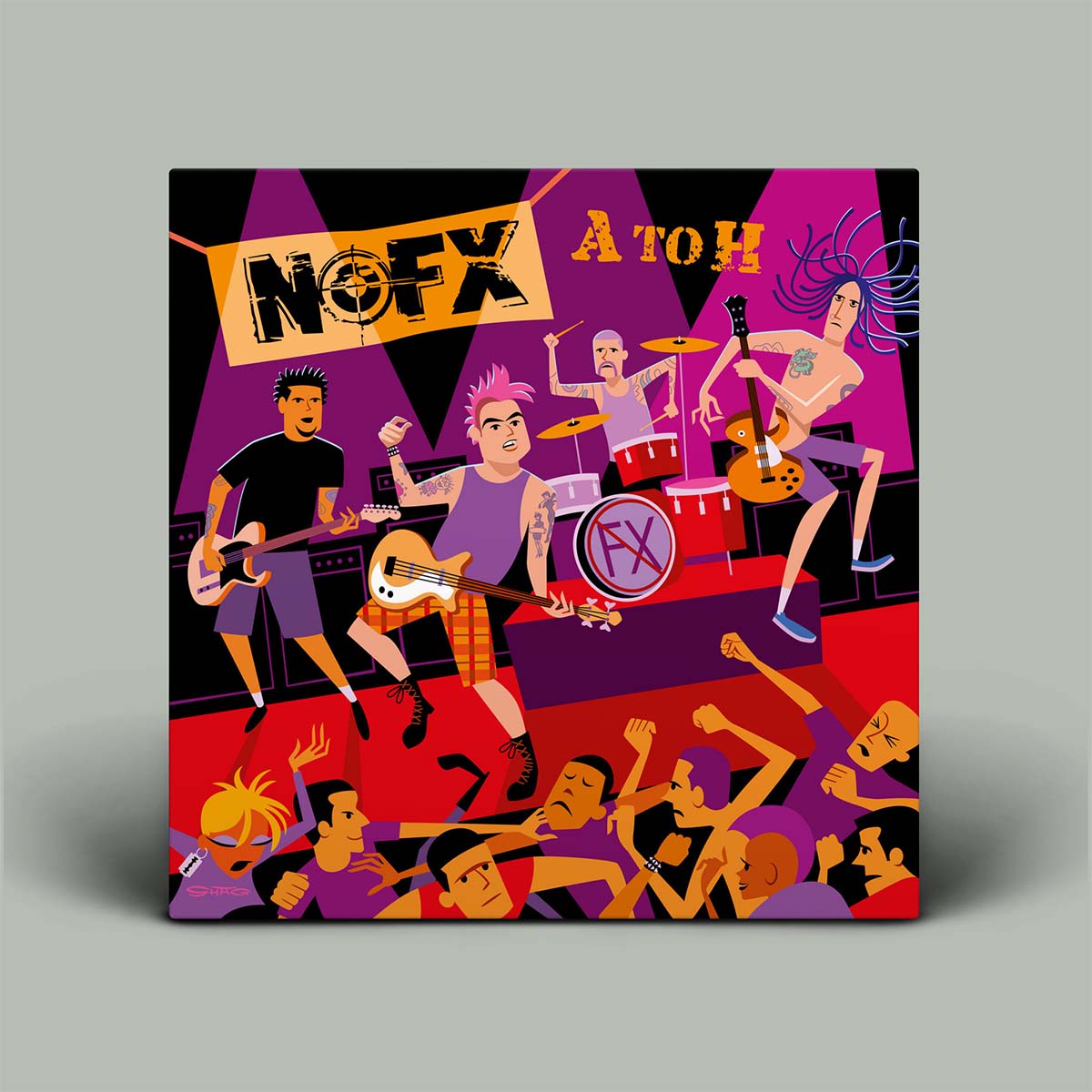 Album cover featuring a stylized rock band performing on stage with an energetic crowd below. The cover has bold graphic colors including black, red, purple, orange, and yellow, with the text 'NOFX' and 'A TO H' visible.