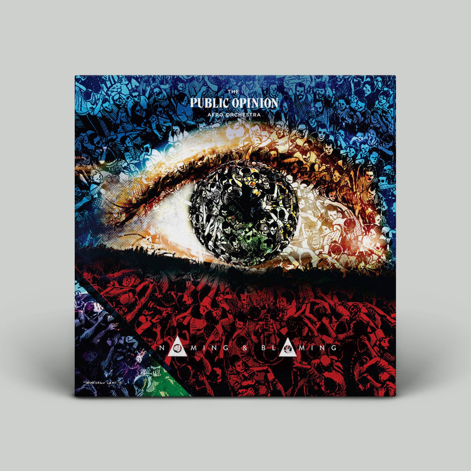 Album cover with a stylized eye design and abstract patterns on a gray background