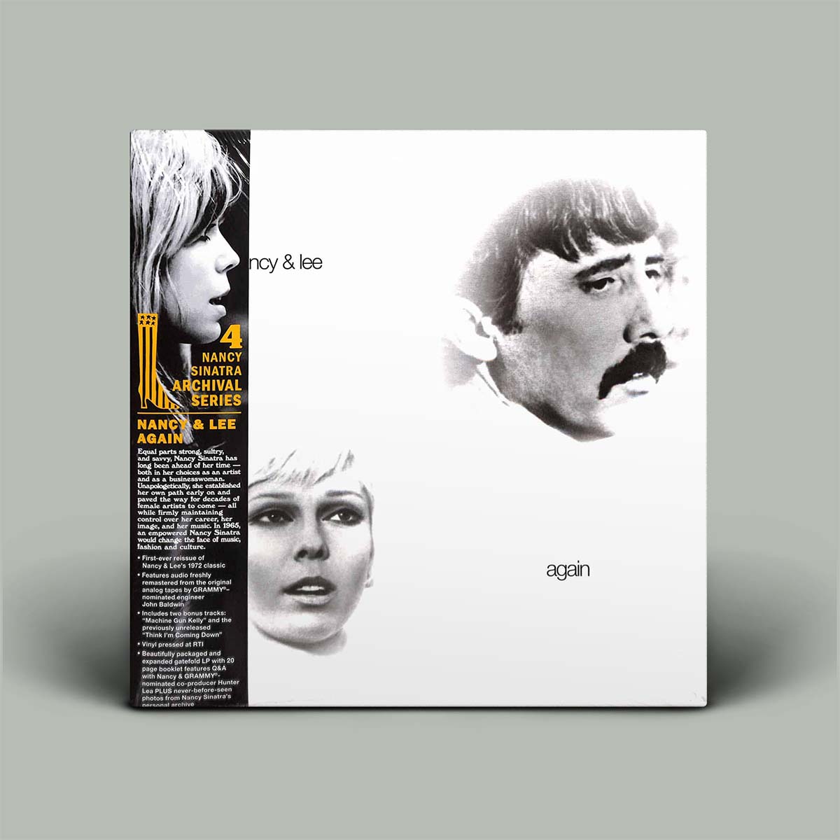 Album cover with black and white portraits of a man and a woman, featuring text on a gray background.