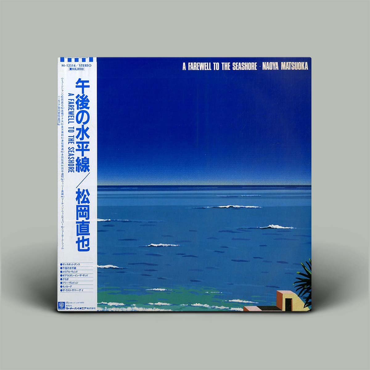 Vinyl record cover with a scenic illustration of a beach and blue sky.