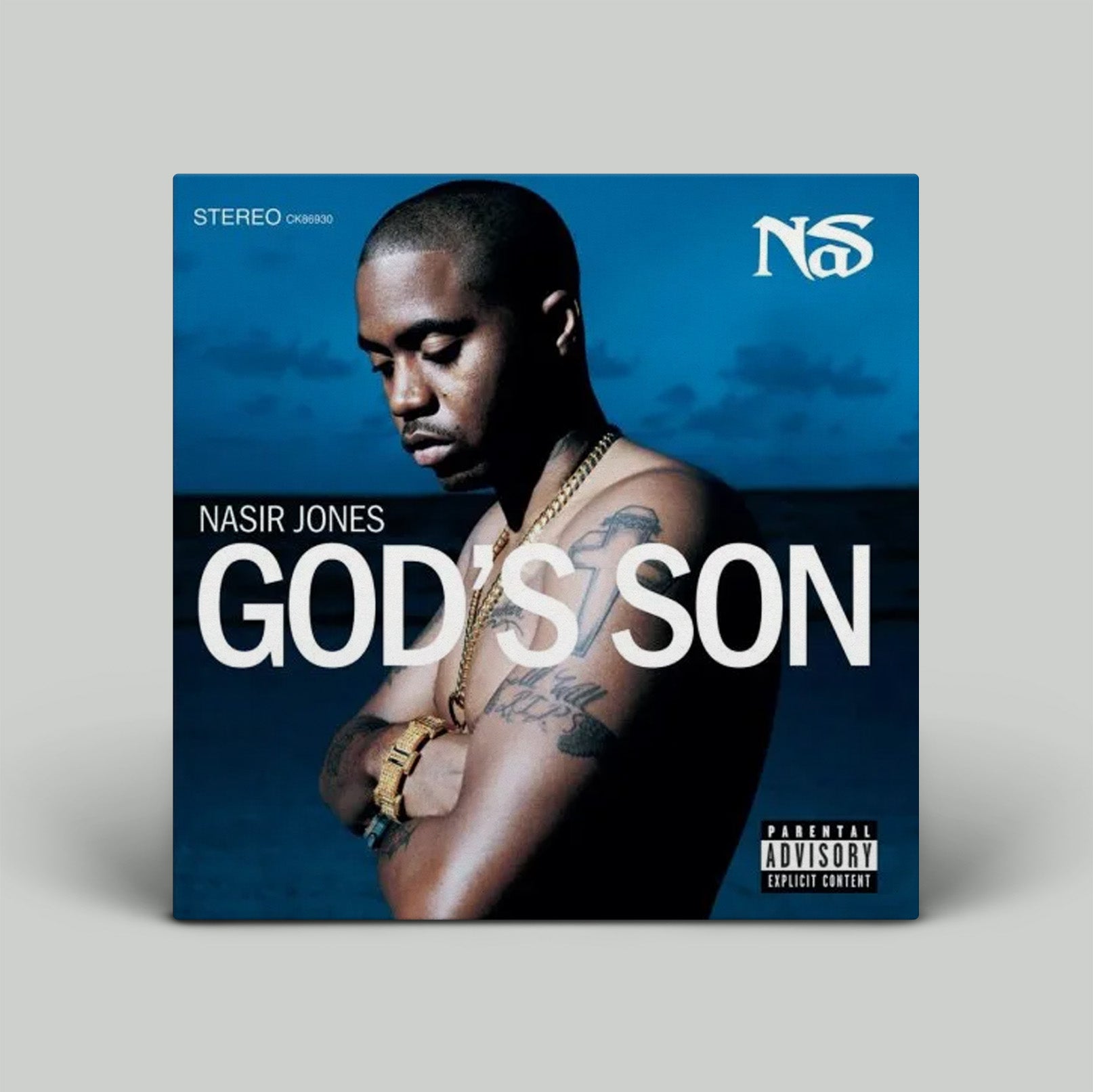 Album cover of 'God's Son' by Nasir Jones with a blue background and portrait of the artist.