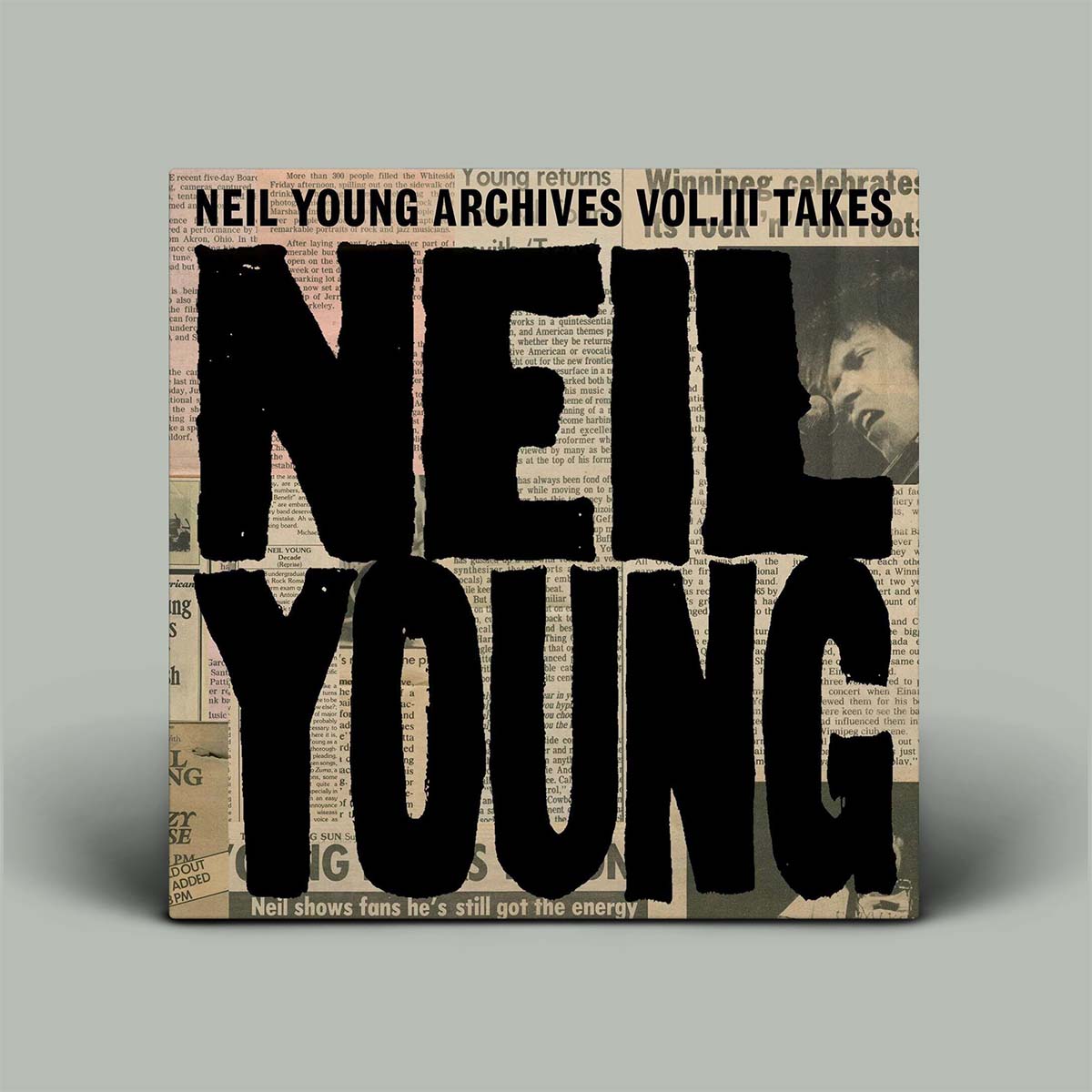 Album cover for 'Neil Young Archives Vol. III Takes' with text and vintage newspaper design.