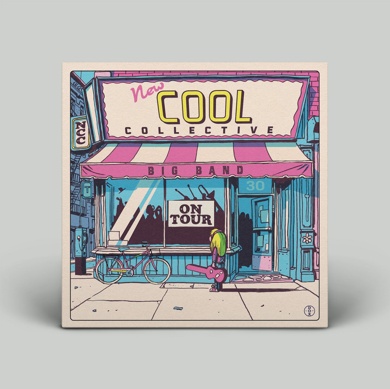 Album cover for 'New Cool Collective Big Band' with a store front illustration.