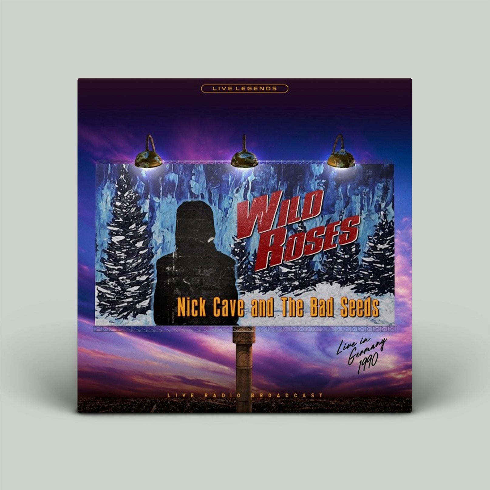 Album cover for 'Wild Roses' by Nick Cave and The Bad Seeds with a silhouette and snowy landscape.