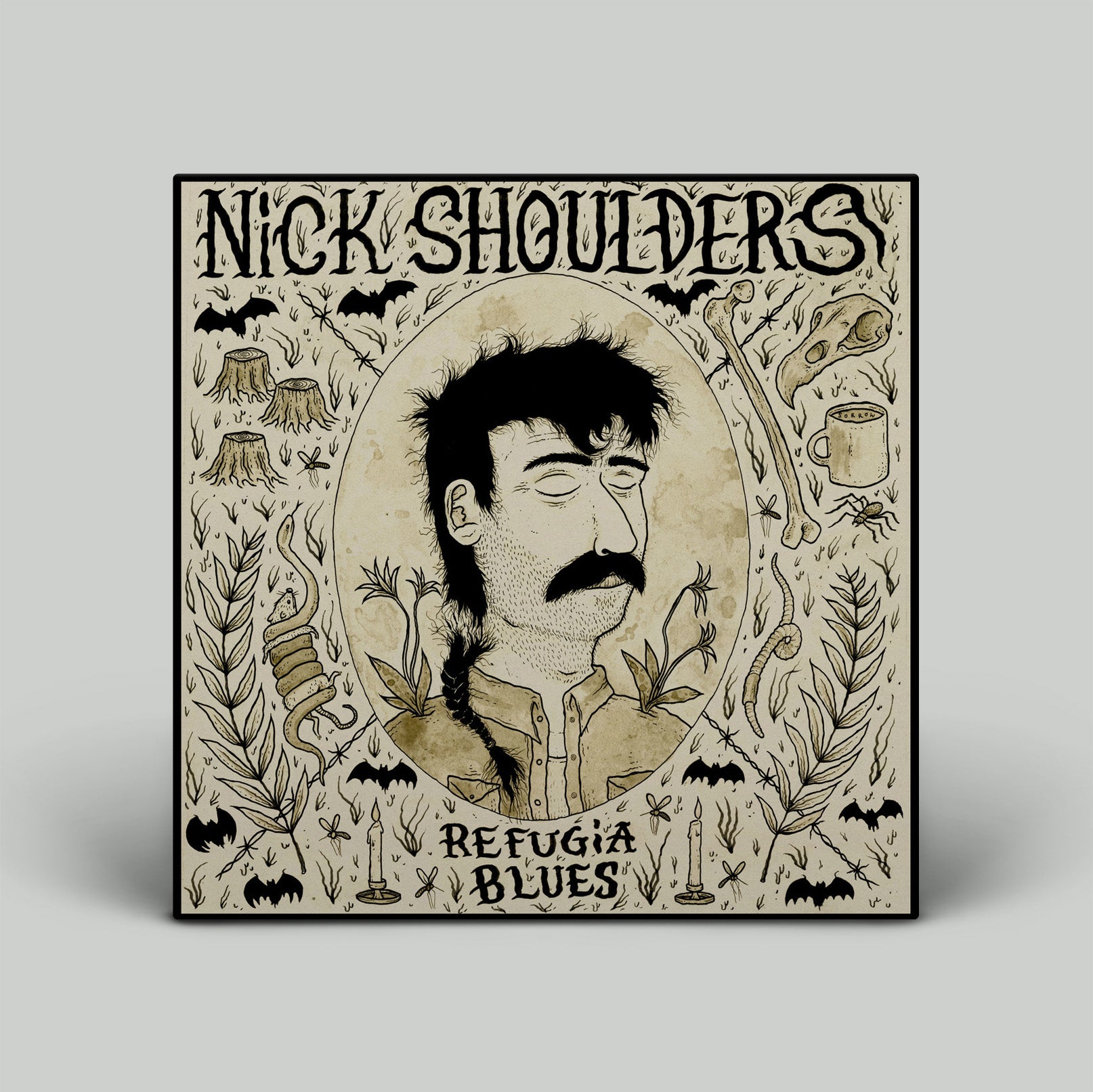 Album cover with graphic image of face with Nick Shoulders written across top.