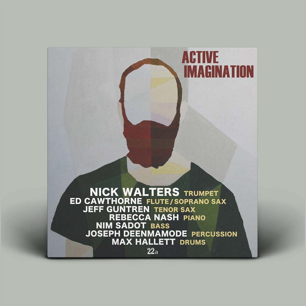Album cover for 'Active Imagination' by Nick Walters, featuring a stylized geometric illustration of a figure with a red face and green shirt on a light gray background. The cover is centered on a solid gray backdrop.