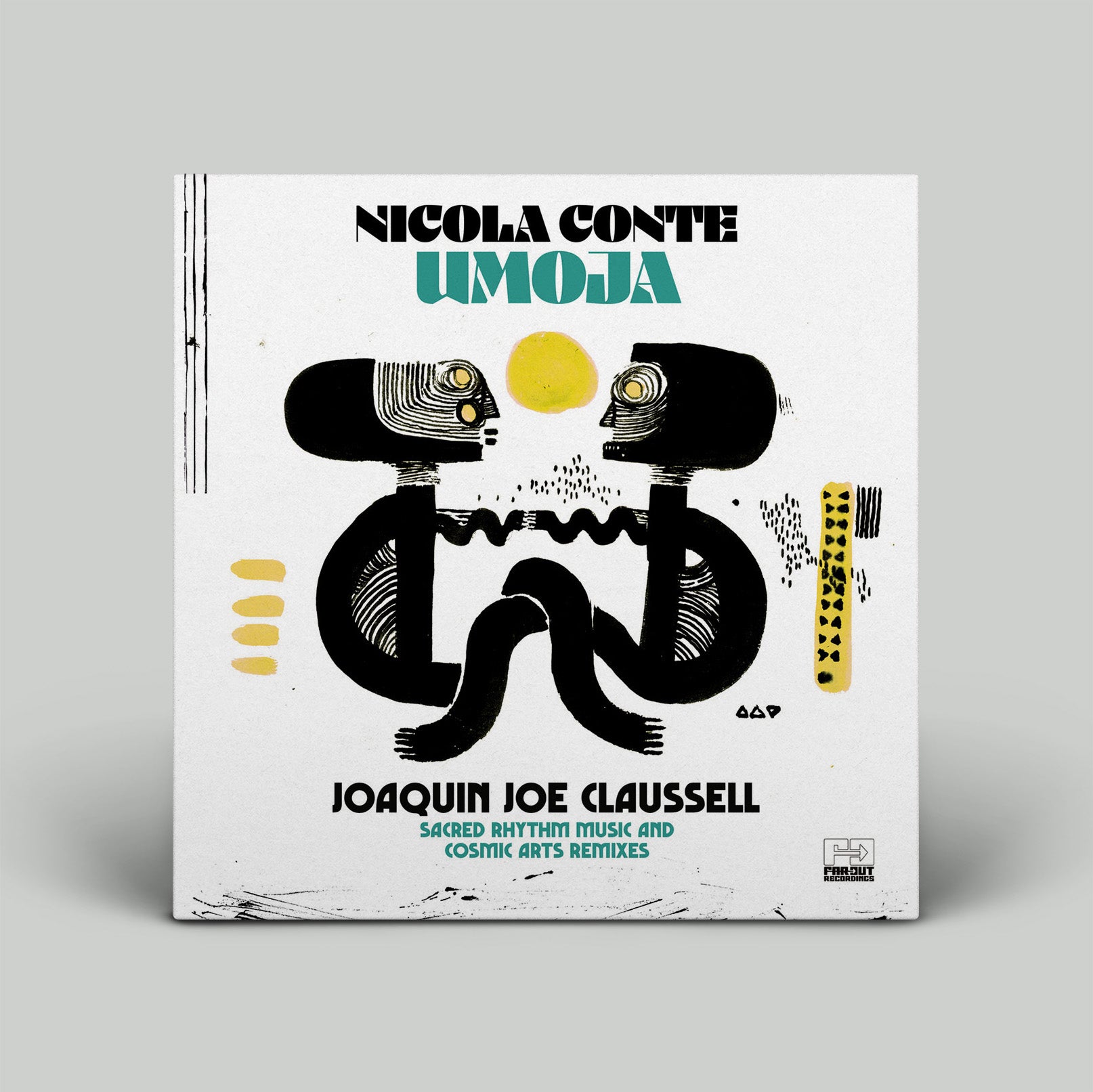 Album cover for 'UMOJA' by Nicola Conte with abstract design and text on a gray background