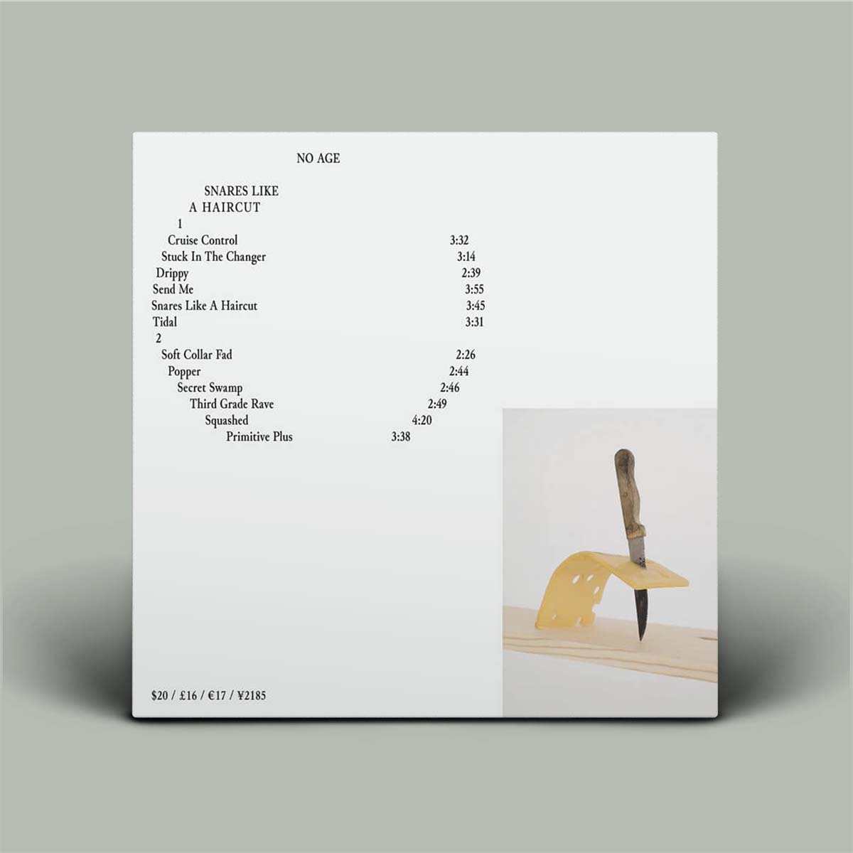 Album cover with tracklist and knife image on a gray background