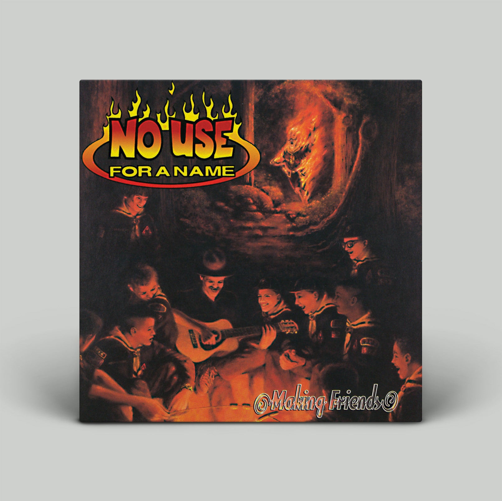 Album cover for 'No Uses For A Name' with a group of people around a table.