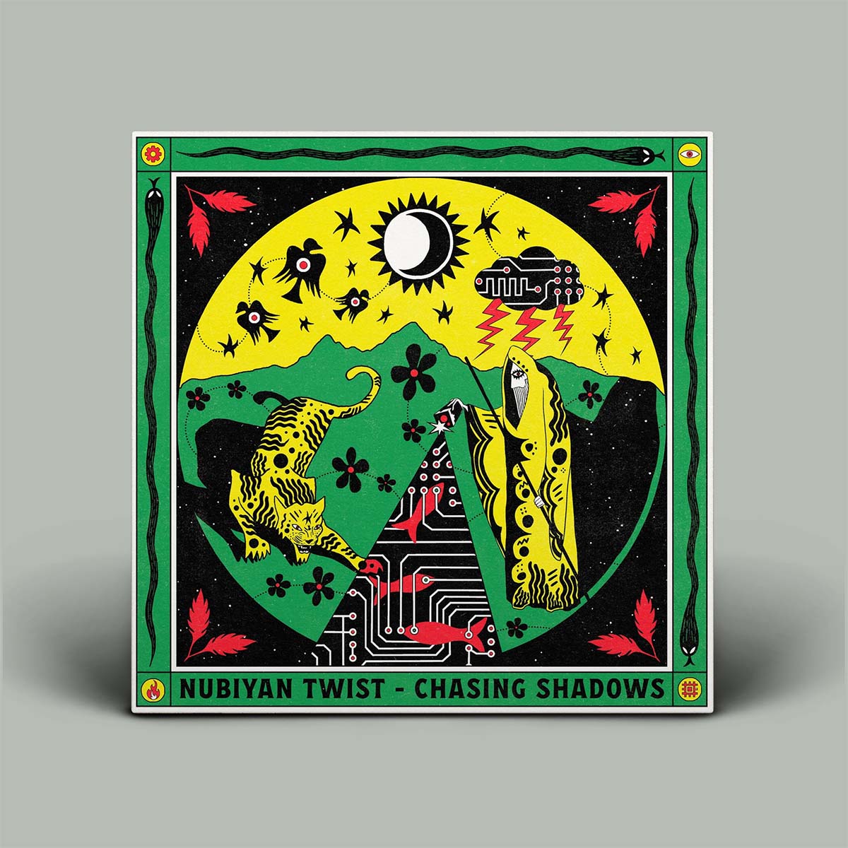 A square album titled 'NUBIYAN TWIST - Chasing Shadows' featuring a vibrant, psychedelic illustration with a yellow sun, green landscape, black background, and red accents, displayed on a neutral gray background.