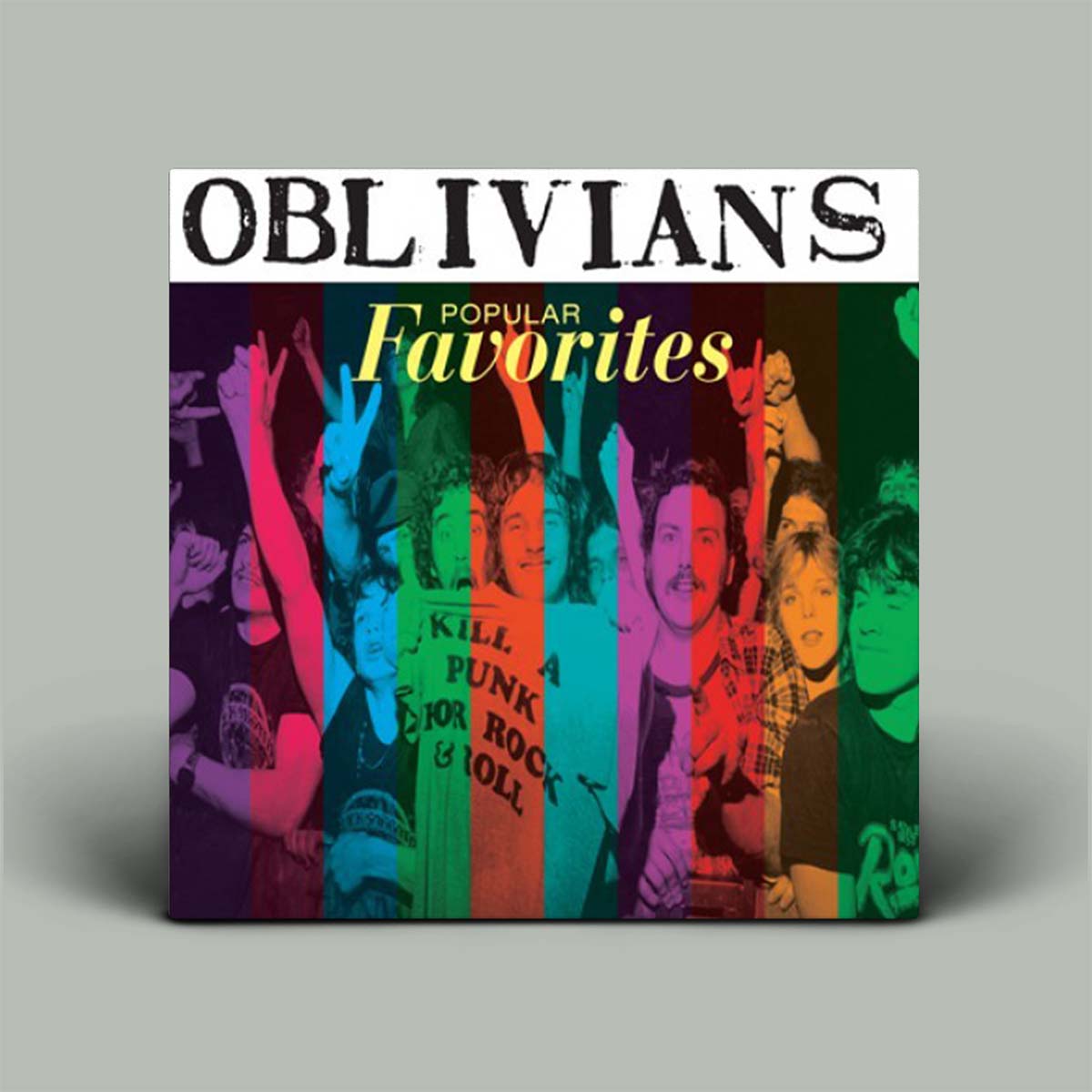 The image displays the album cover of "Popular Favorites" by Oblivians, a vinyl record released in 1996. The cover art features a vibrant, multicolored screen print of the band members with text and graphics contributing to the punk aesthetic.