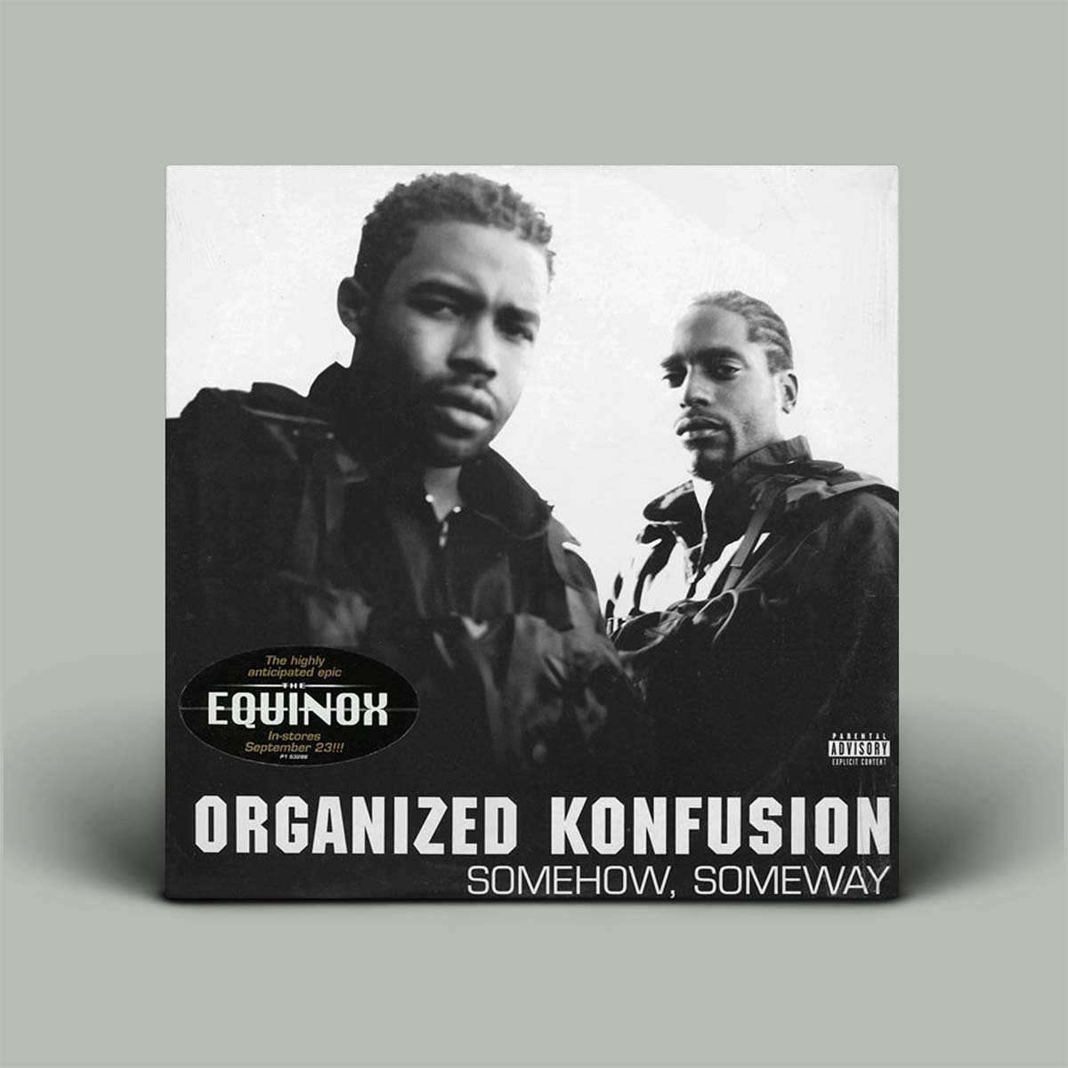 A square album cover for 'Organized Konfusion - Somehow, Someway' displayed on a neutral gray background. The cover features a black and white photograph of two men, with the artist's name 'Equinox' in a black oval logo and the album title in bold white text at the bottom.