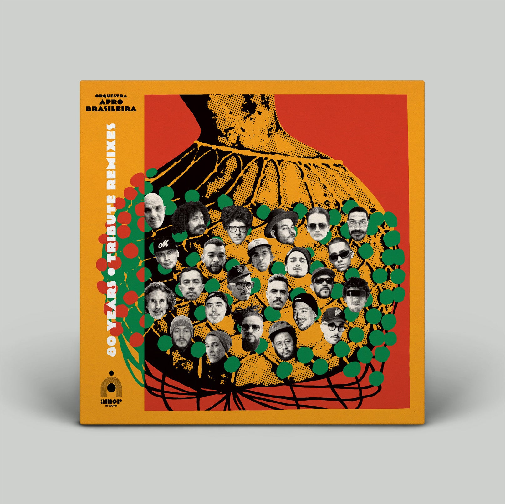 Album cover with artistic design featuring faces and text on a red and orange background