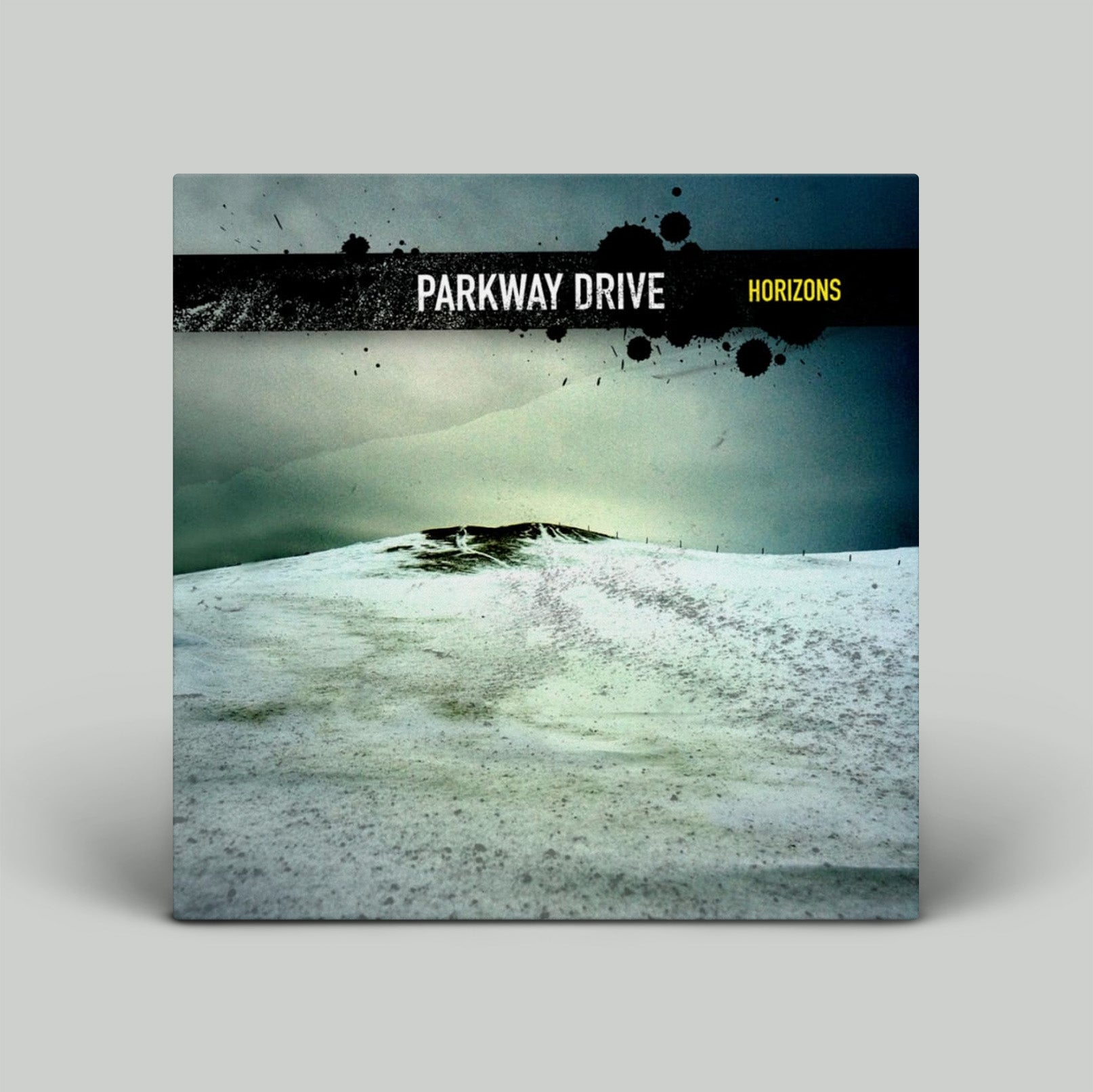 Album cover for 'Horizons' by Parkway Drive with a mountainous landscape and splatter design.