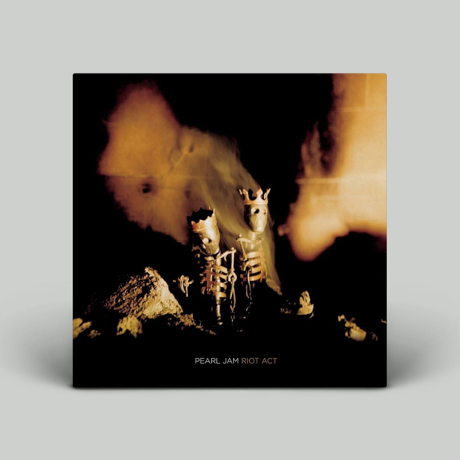Album cover for Pearl Jam's 'Riot Act' with a dark background and text.