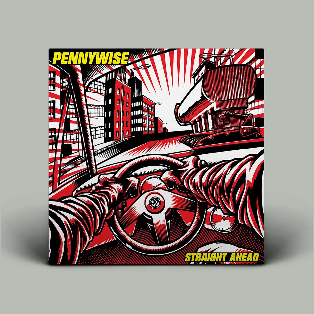 Album cover for 'Straight Ahead' by Pennywise with red and black design on a gray background