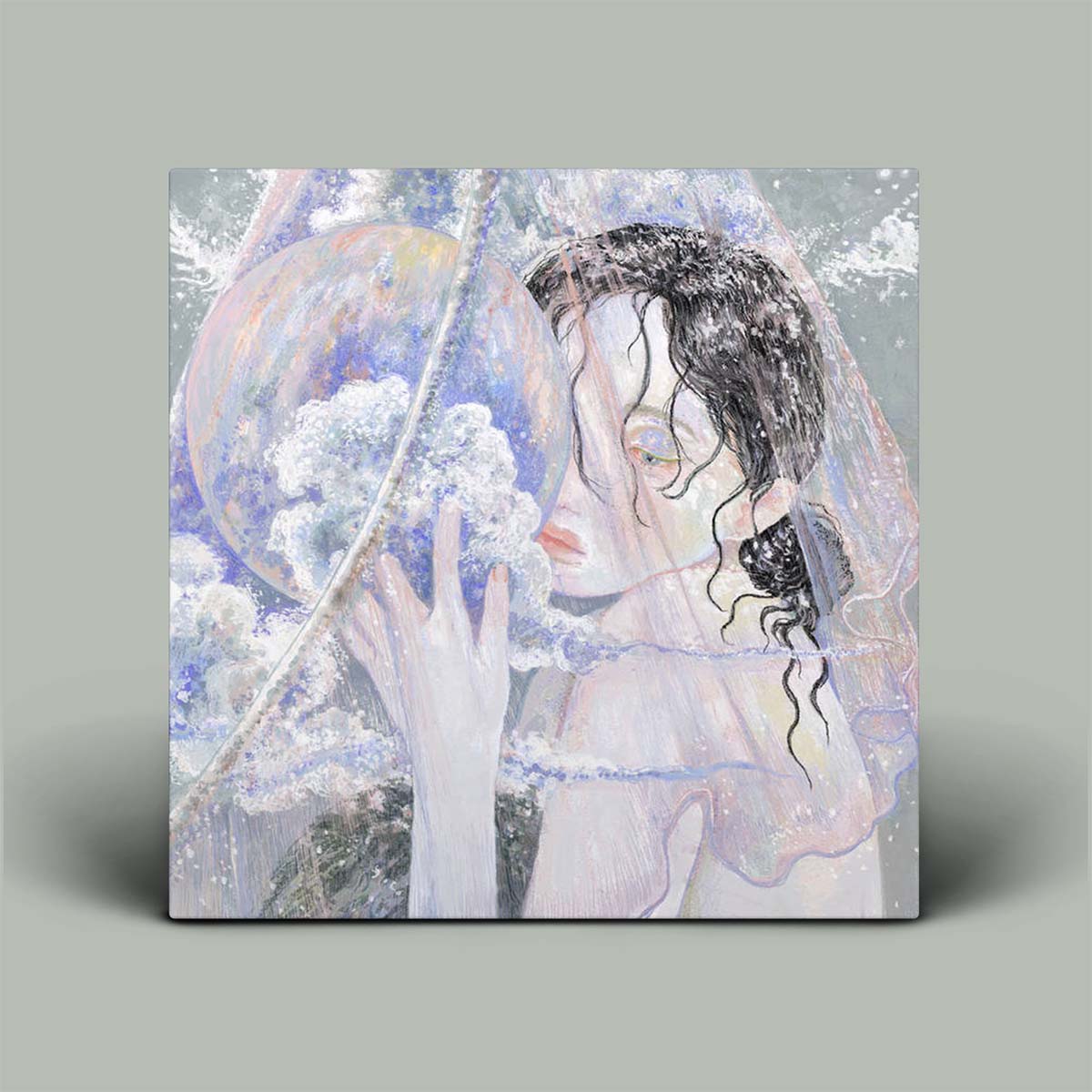 Artistic depiction of a woman holding a bubble with a rainbow, on a gray background