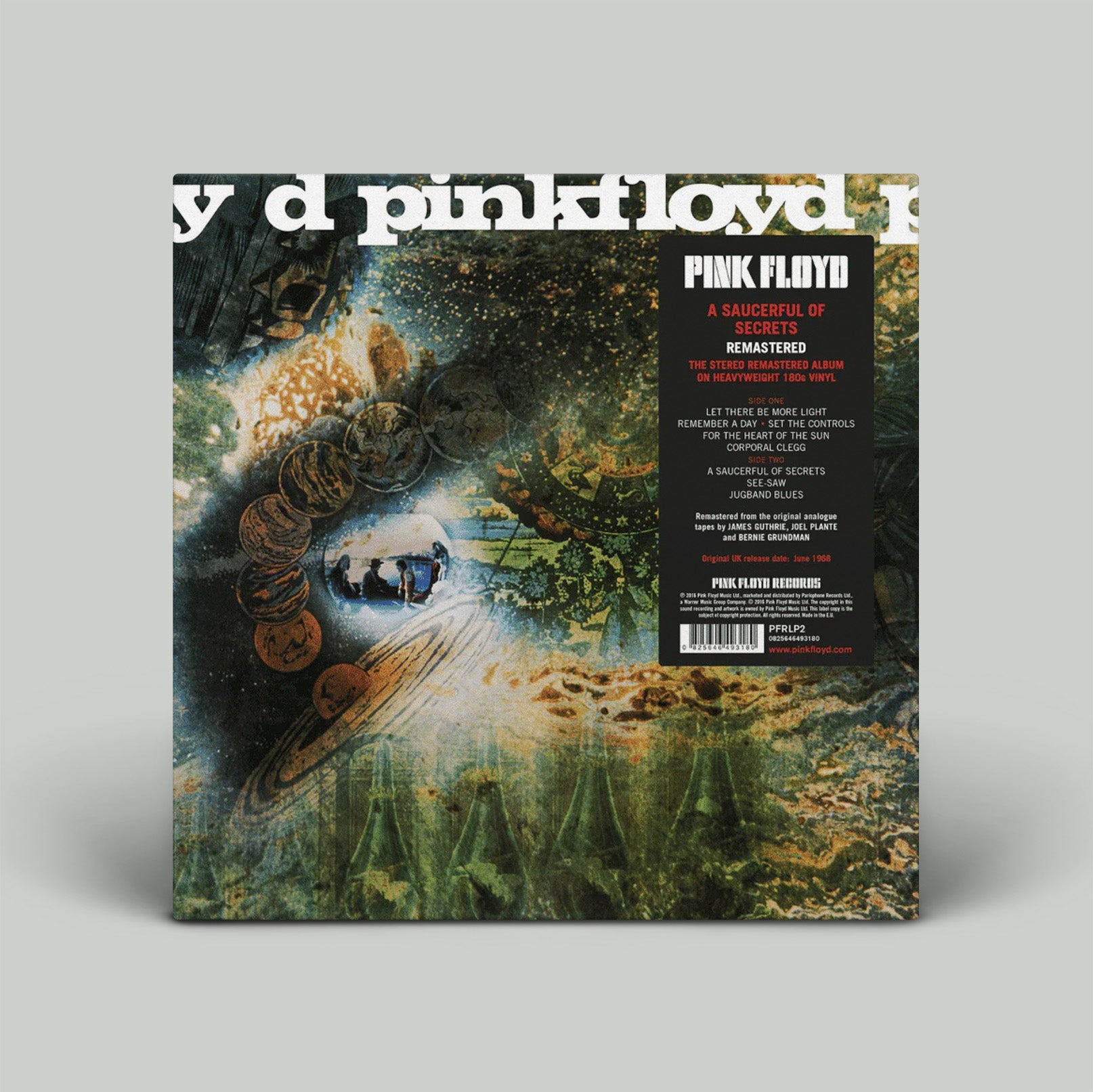 Pink Floyd album cover with space-themed artwork on a gray background