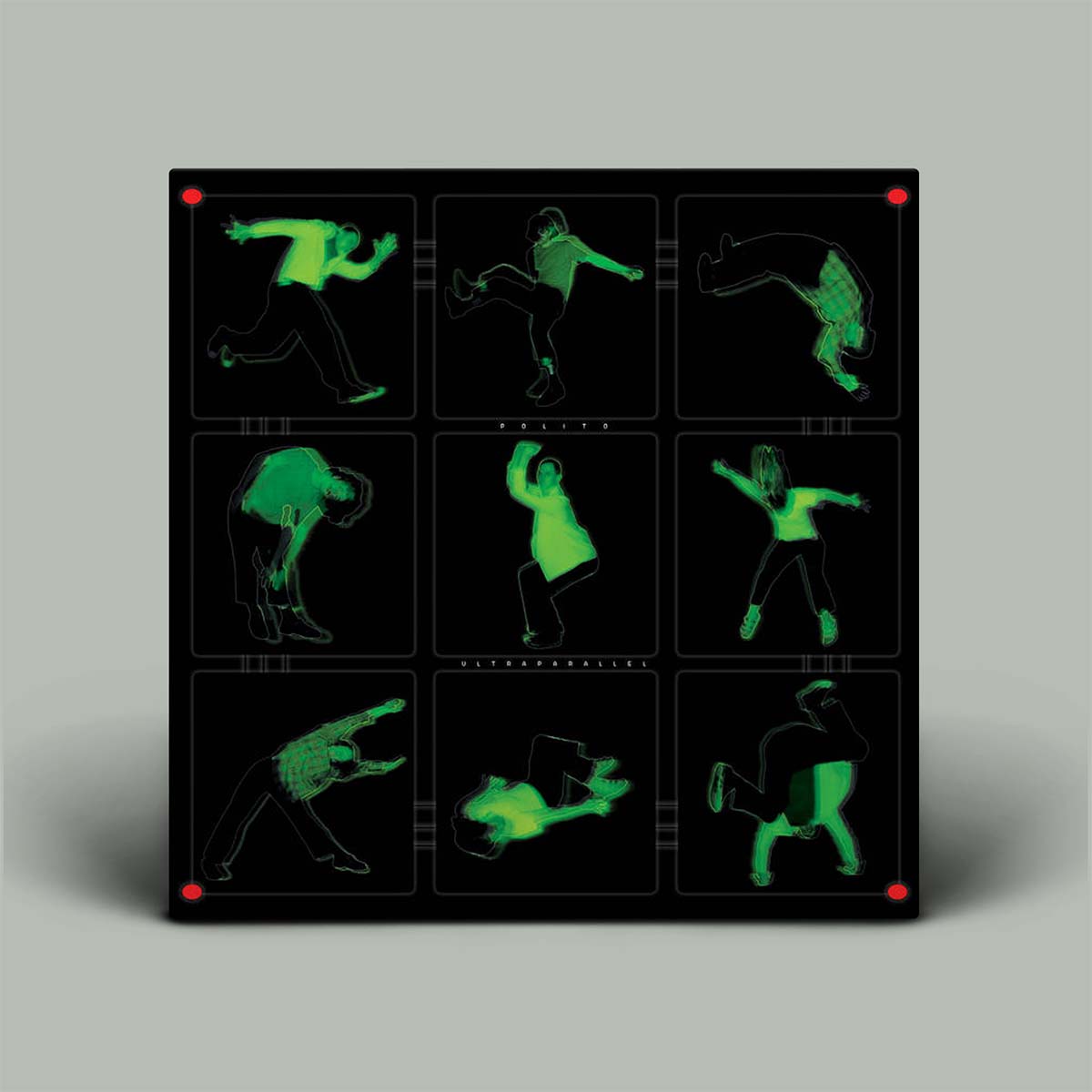 Black album cover with 9 images of green figure dancing.