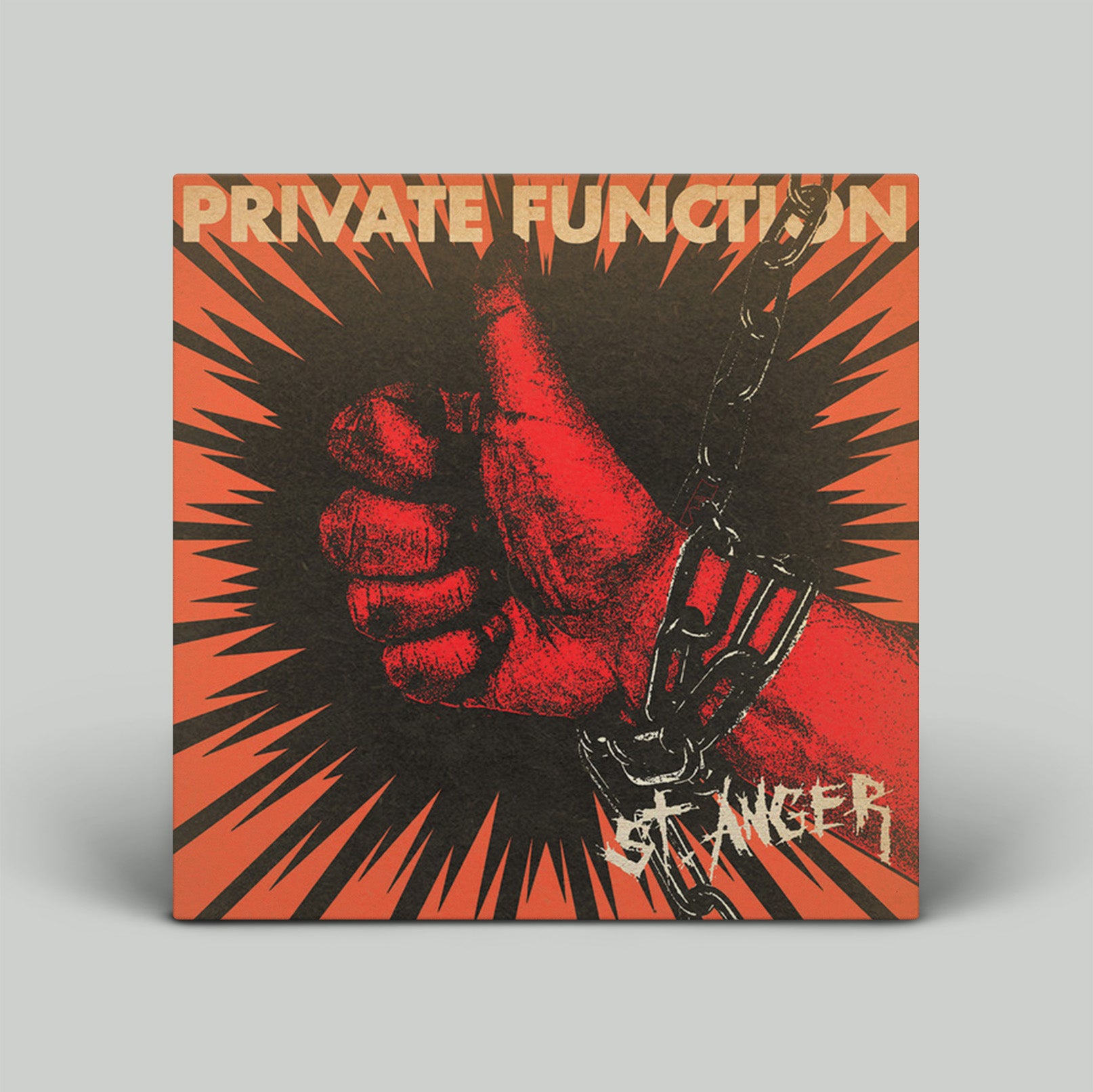 Album cover with a red fist and chain on an orange background, featuring the text 'Private Function' and 'St. Anger'.