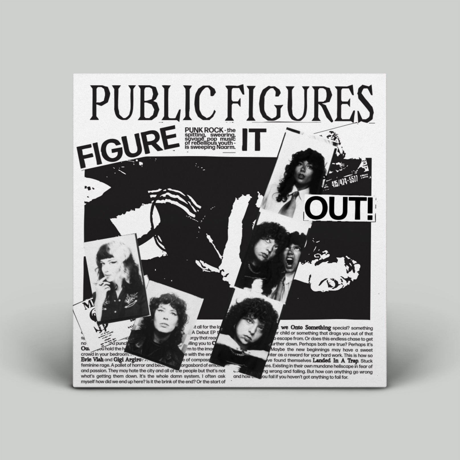 Album cover for 'Public Figures' with black and white collage design on a gray background