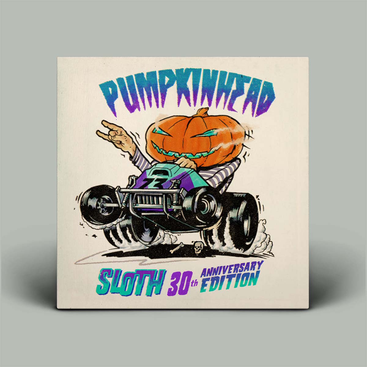 Album cover with a pumpkin and car design, labeled 'Pumpkinhead Sloth 30th Anniversary Edition' on a beige background.