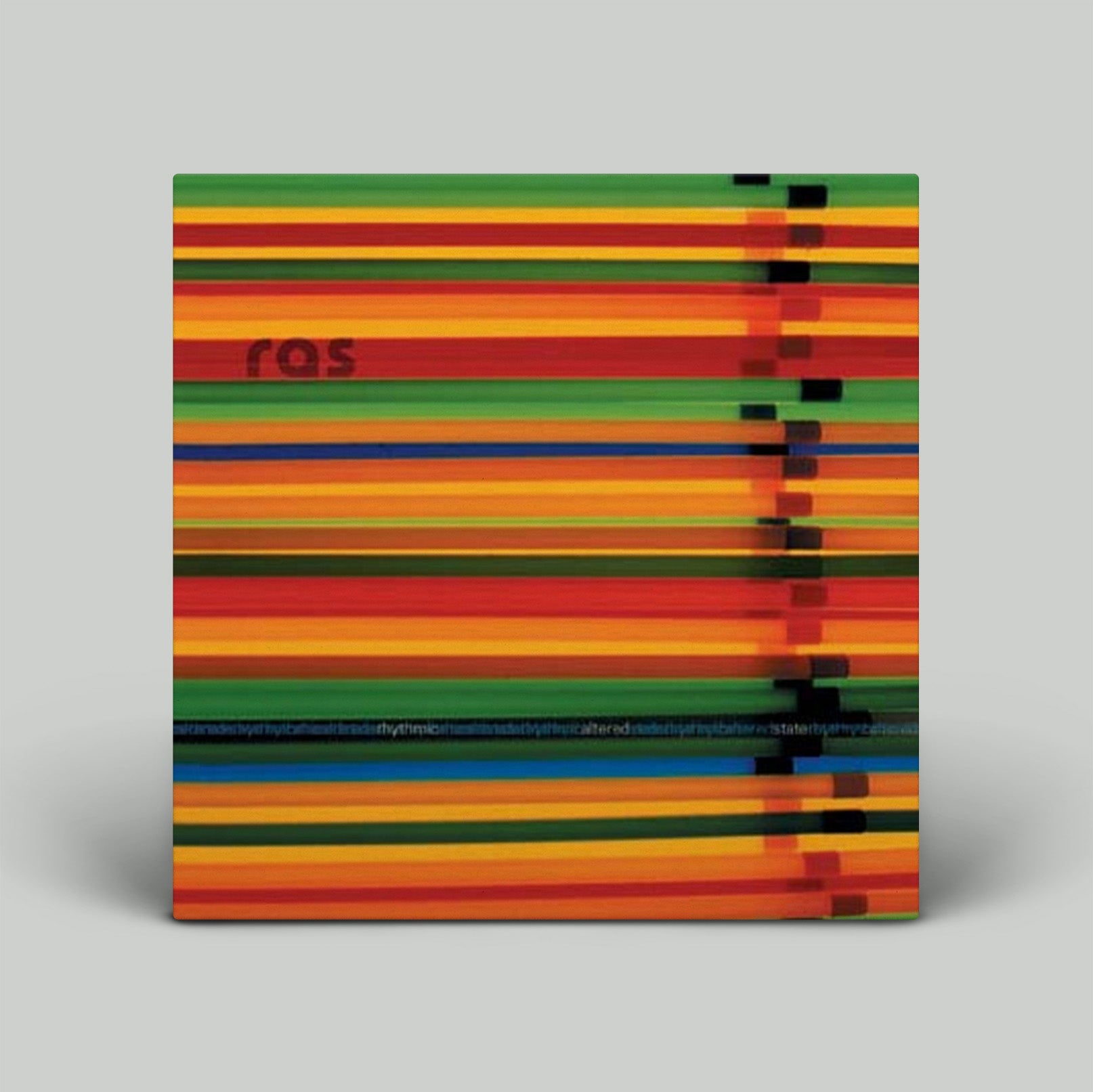 Colorful striped album cover with 'ras' branding on a gray background