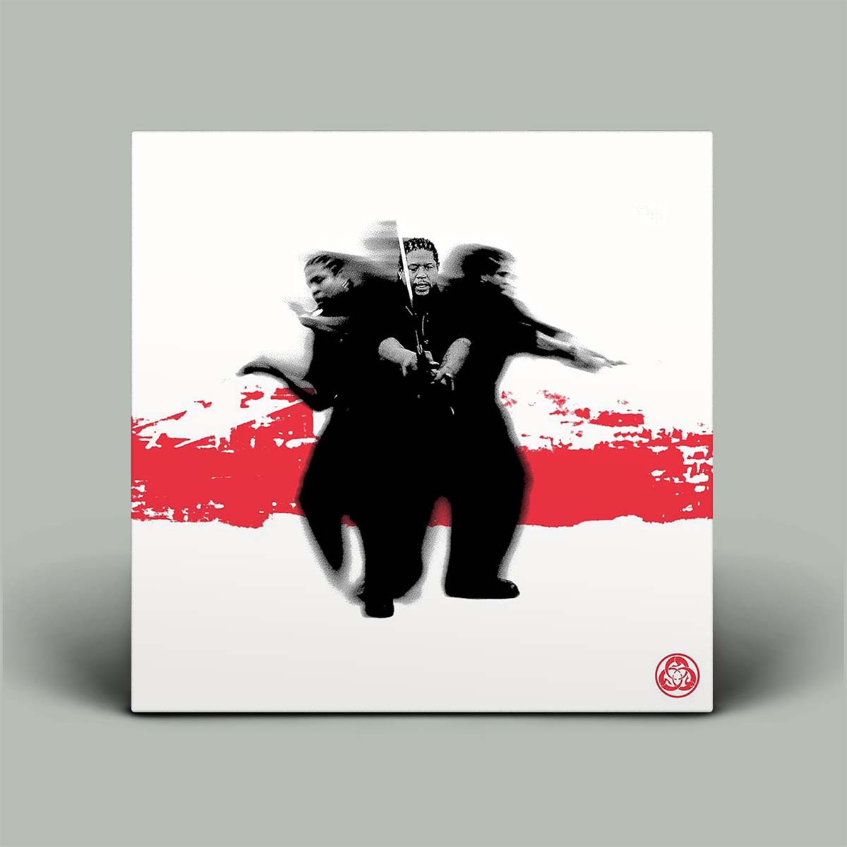 Album cover with black and white figures on a red and white background