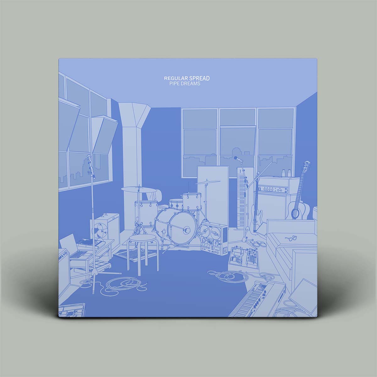 Blue and white illustration of a room with musical instruments on a blue background