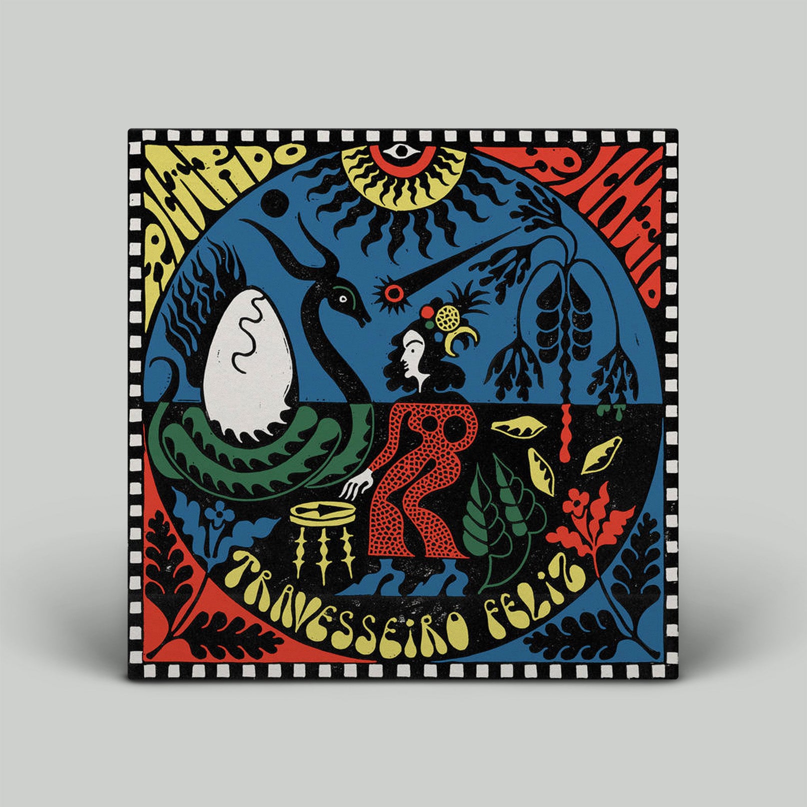 Colorful album cover with abstract design and text on a gray background