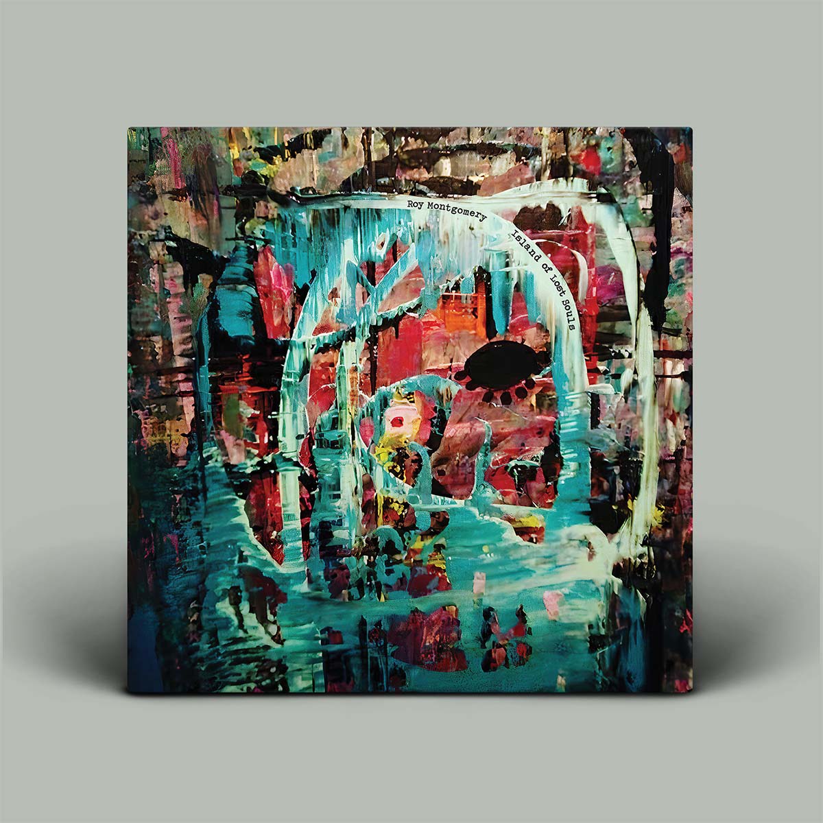 An abstract canvas painting featuring a stylized figure in turquoise and white, surrounded by vibrant red, pink, black, and teal brushstrokes, displayed on a neutral gray background.