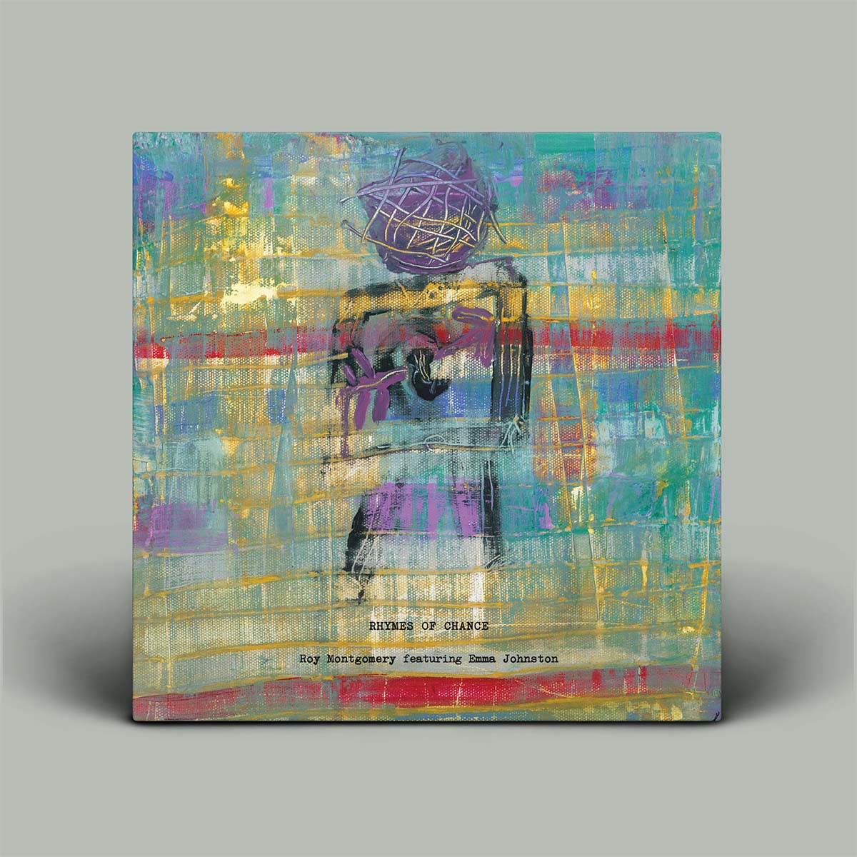 An abstract mixed-media painting titled 'Rhymes of Chance', displayed as a square canvas against a neutral gray background.