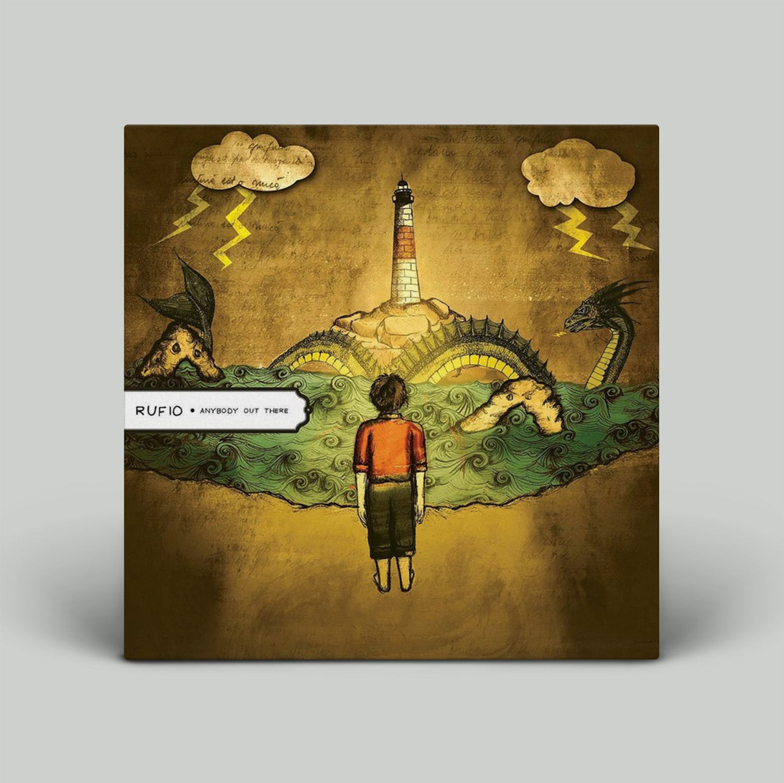 Album cover with a stylized illustration of a person, dragon, and Eiffel Tower against a brown background.