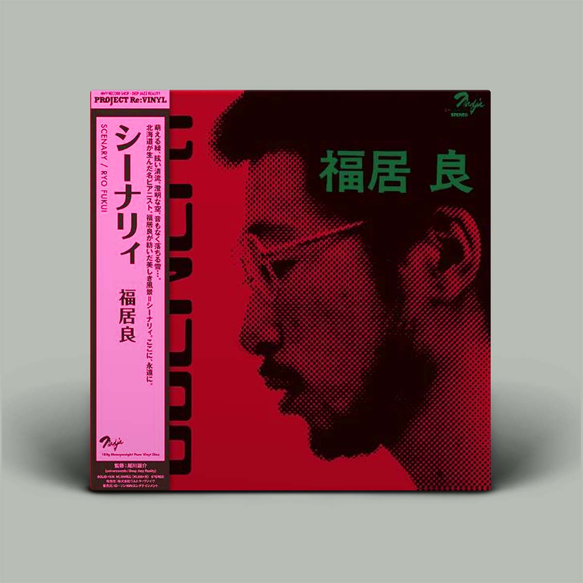 A vinyl record sleeve for the artist Fukubukuro's album 'Project B' on Project No. 9, featuring a red and black halftone profile of the artist with green Japanese text, set against a solid gray background.