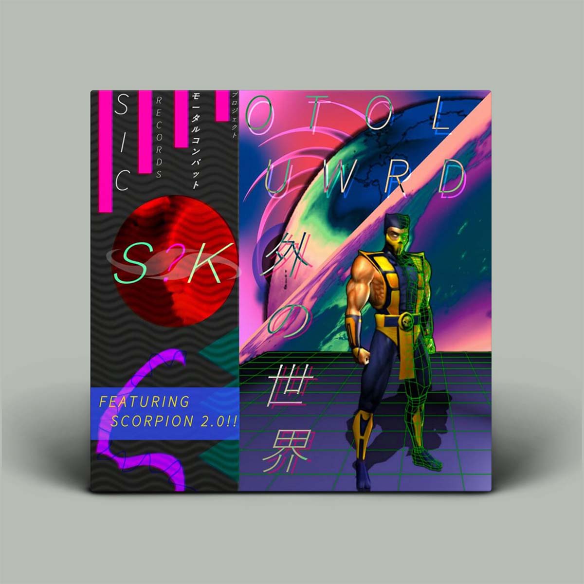 Colorful album cover with a character and text on a gray background
