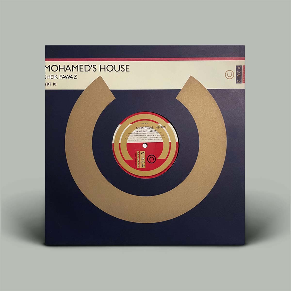 A square vinyl record sleeve for 'Mohamed's House' by Sheik Fawaz, featuring a dark navy blue background, a large tan circular graphic, and a red-and-gold center label, shown on a light gray background.
