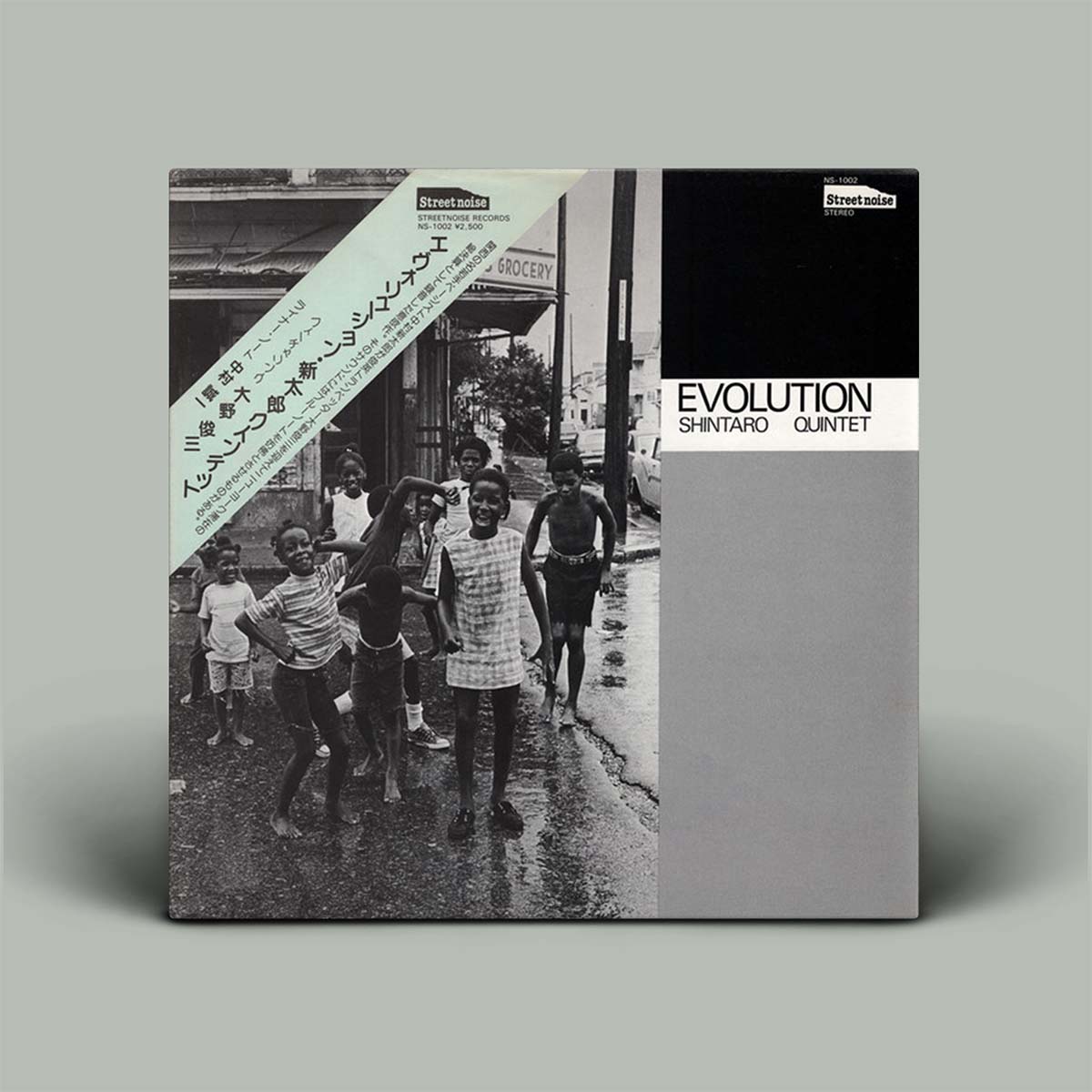 Vinyl record cover with black and white photo of children and album title 'Evolution' on a gray background