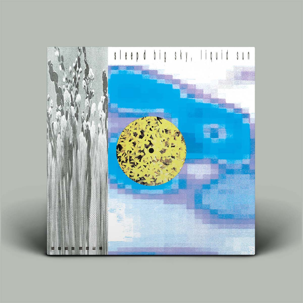 Album cover with abstract design featuring a yellow circle and blue sky on a gray background