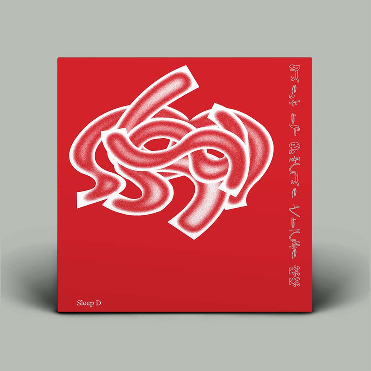 Red album cover with white abstract design and text on a gray background