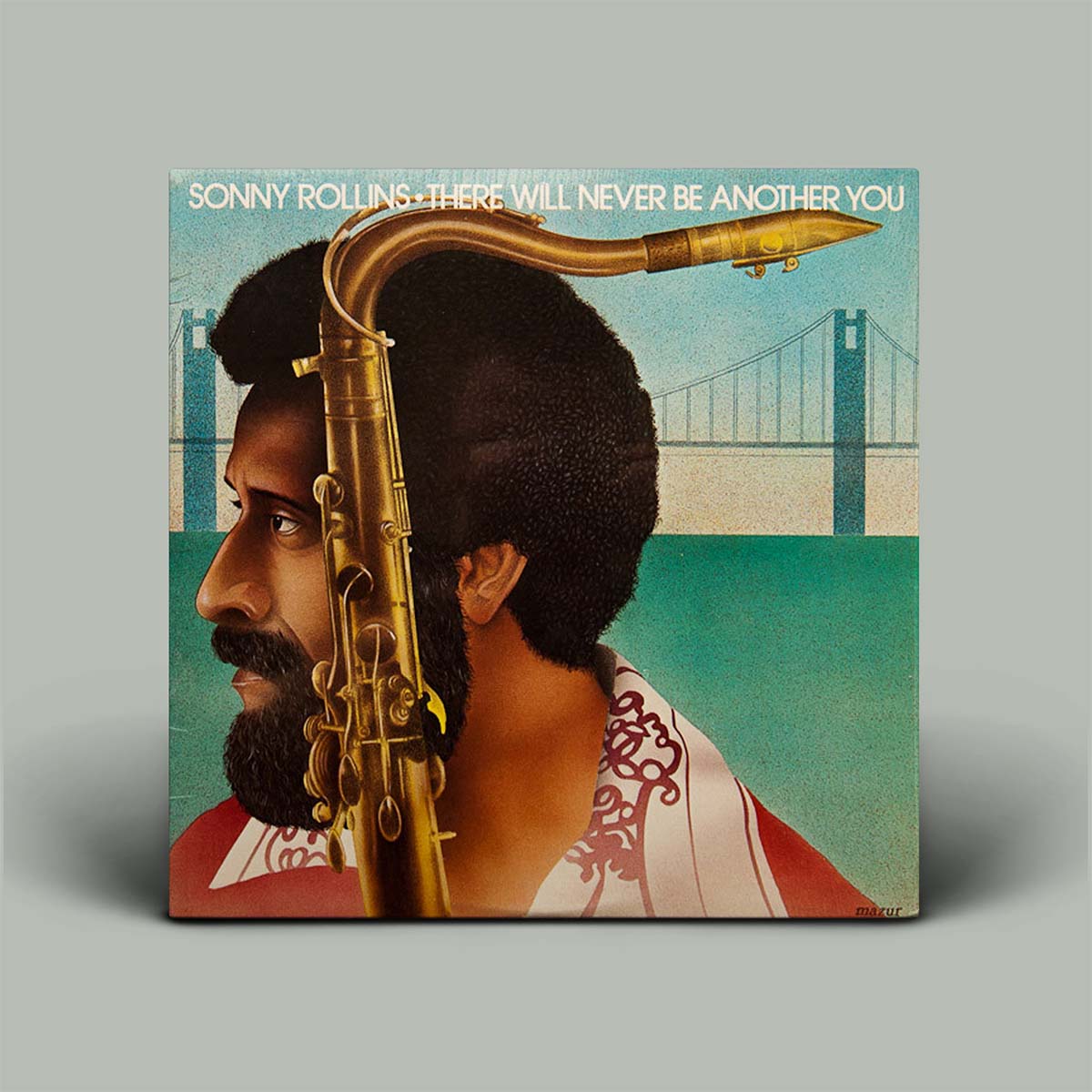 Vinyl record album cover for Sonny Rolling's 'There Will Never Be Another You', featuring a stylized portrait of the artist with a saxophone against a teal and cream background, shown standing upright on a neutral gray surface.