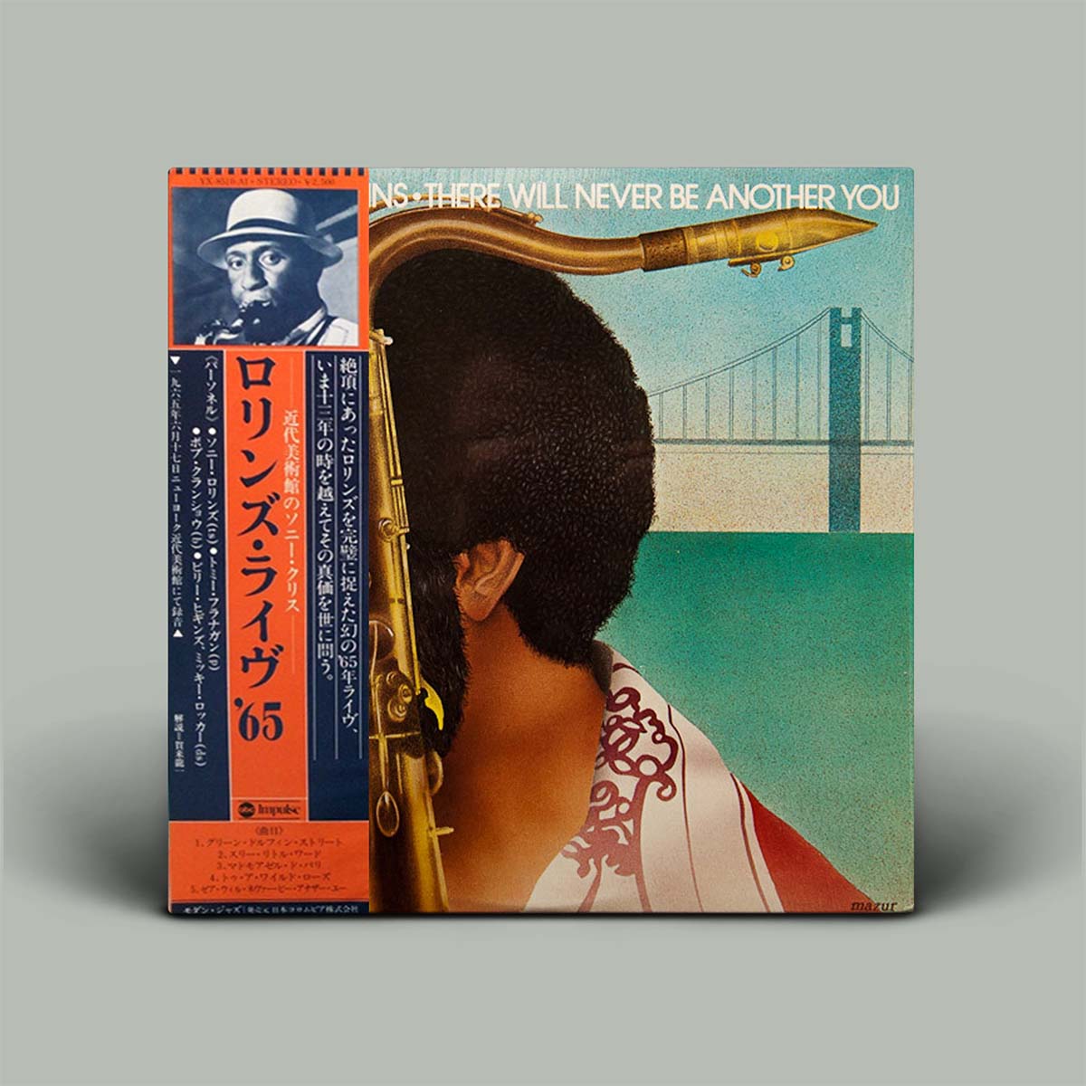 Vinyl record album cover for 'There Will Never Be Another You' by Sonny Rollins, shown with the Japanese obi strip attached, on a solid gray background.