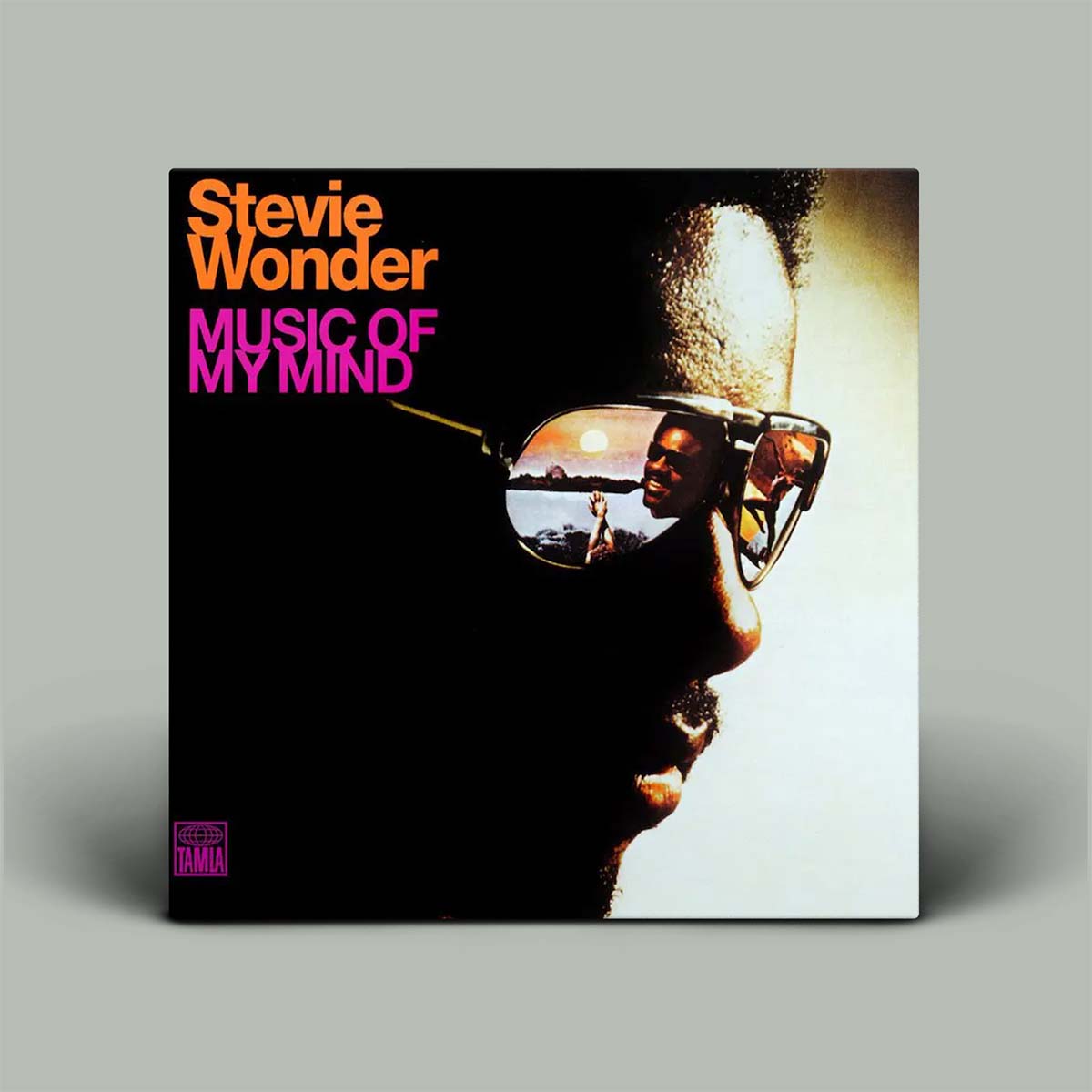 Stevie Wonder 'Music of My Mind' album cover with reflective sunglasses design.