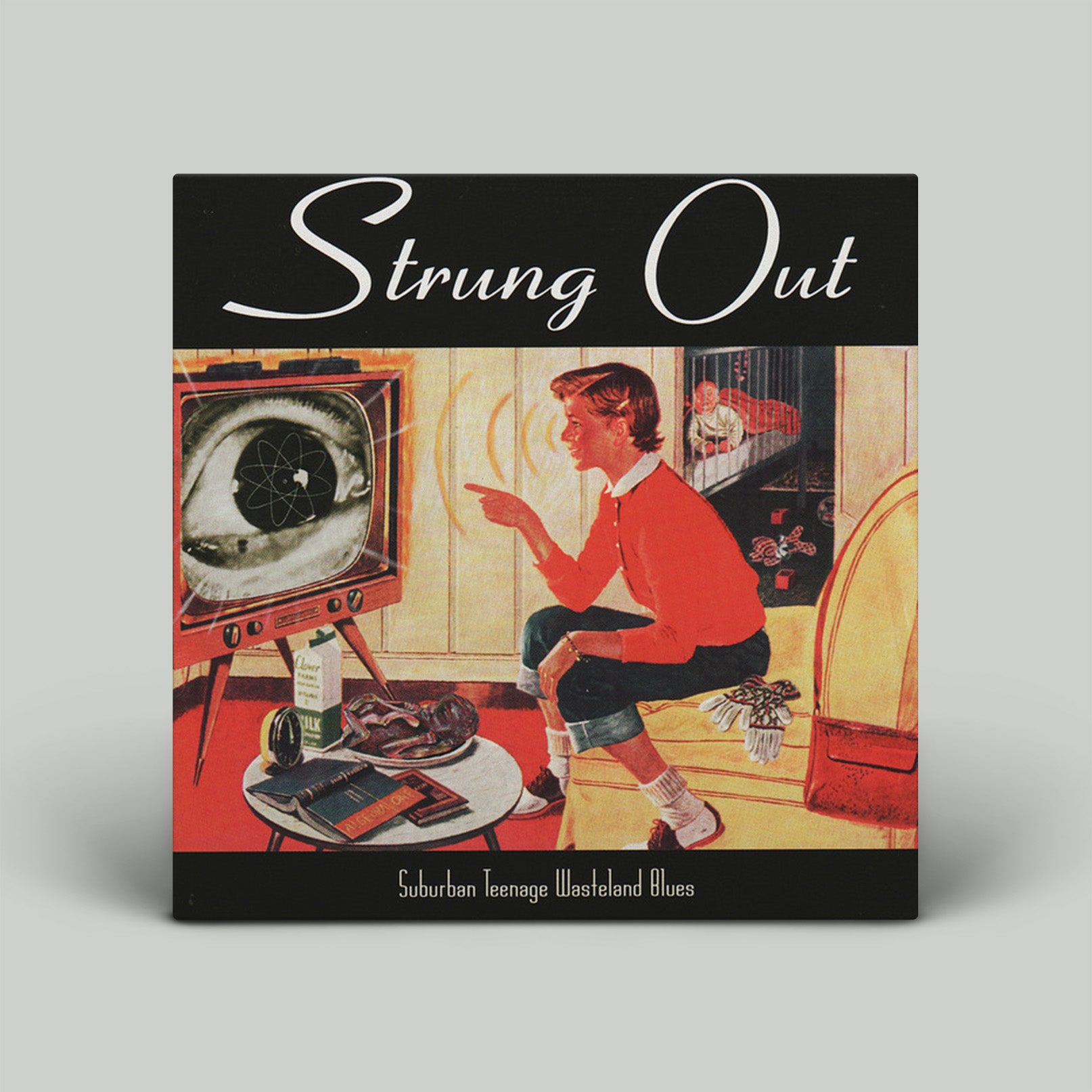 Album cover with a person looking at a vintage television set on a gray background
