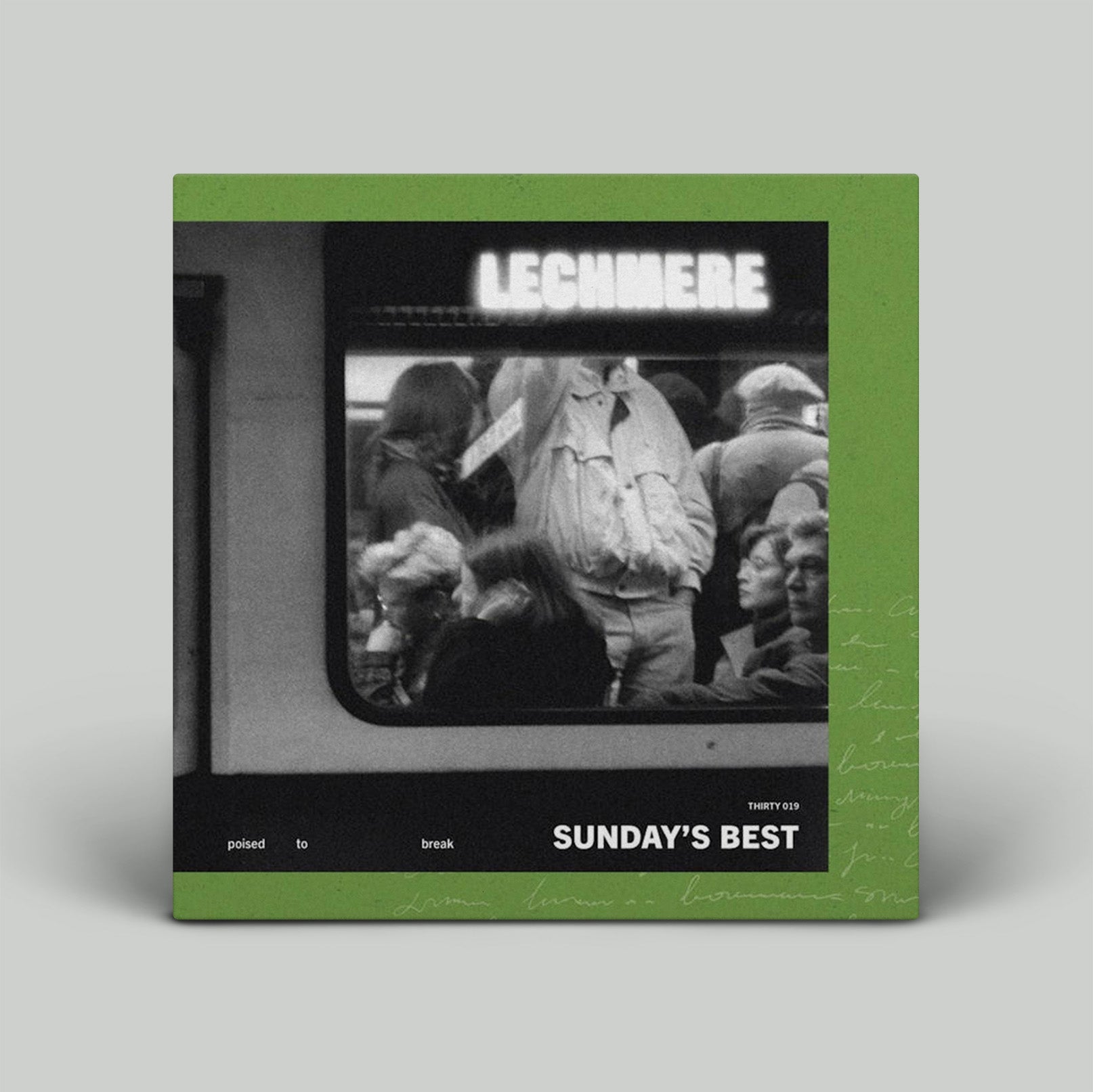 Product packaging with a green border and black and white image of people, featuring the brand 'Lechmere'.